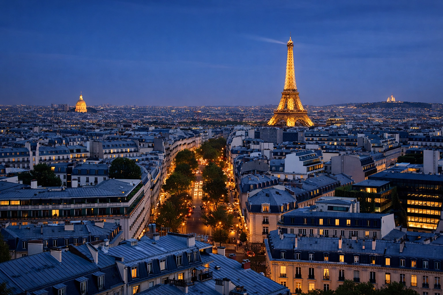 Dusk cityscape of Paris rooftops and the Eiffel Tower, top-tier photography locations for city views.