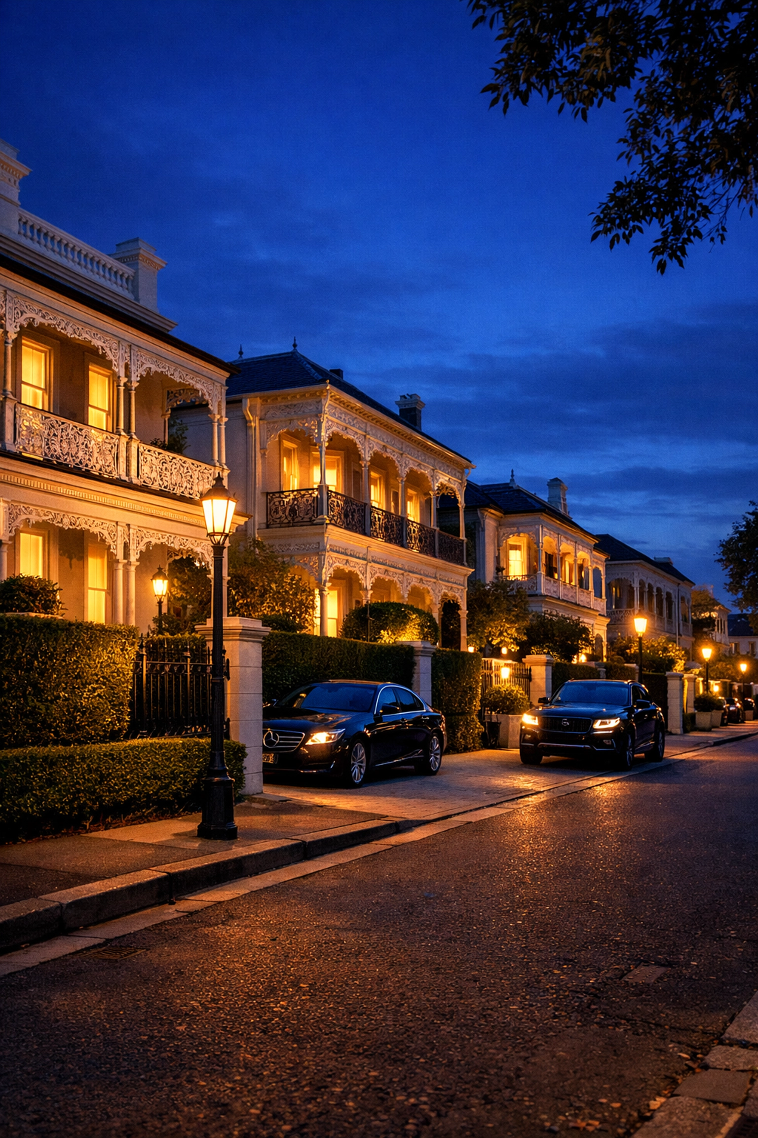 Prestigious Toorak heritage mansions along tree-lined boulevard at dusk showing Melbourne's prestige market