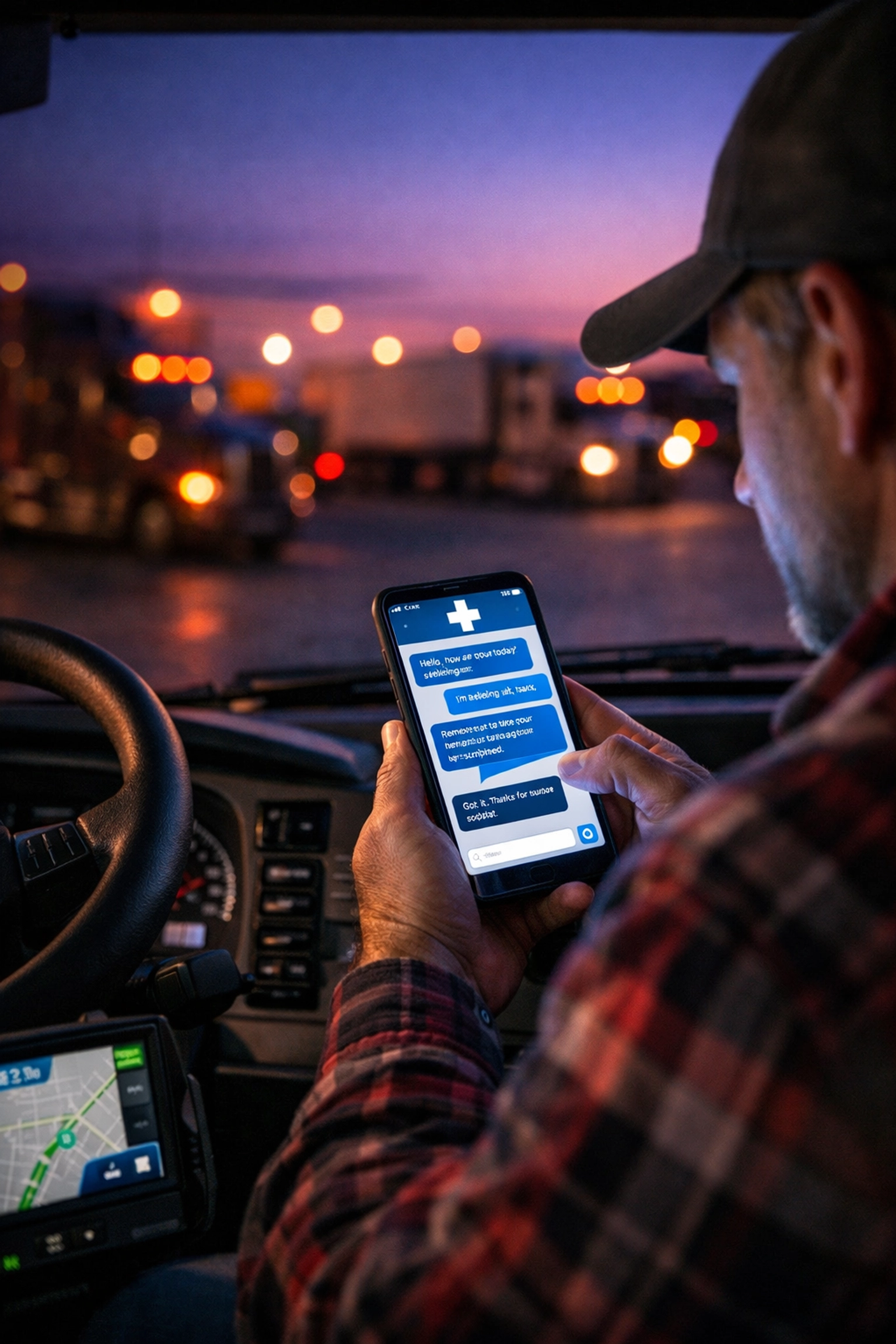 Truck driver in a semi-truck cab using secure medical messaging for telehealth while traveling on the road.