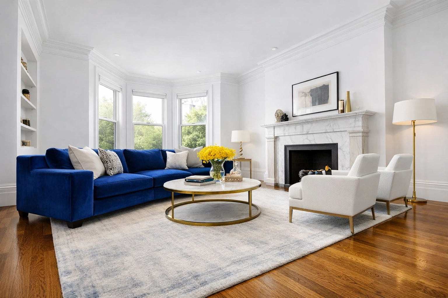 Pristine living room reset in a Brookline home after a professional deep cleaning service.