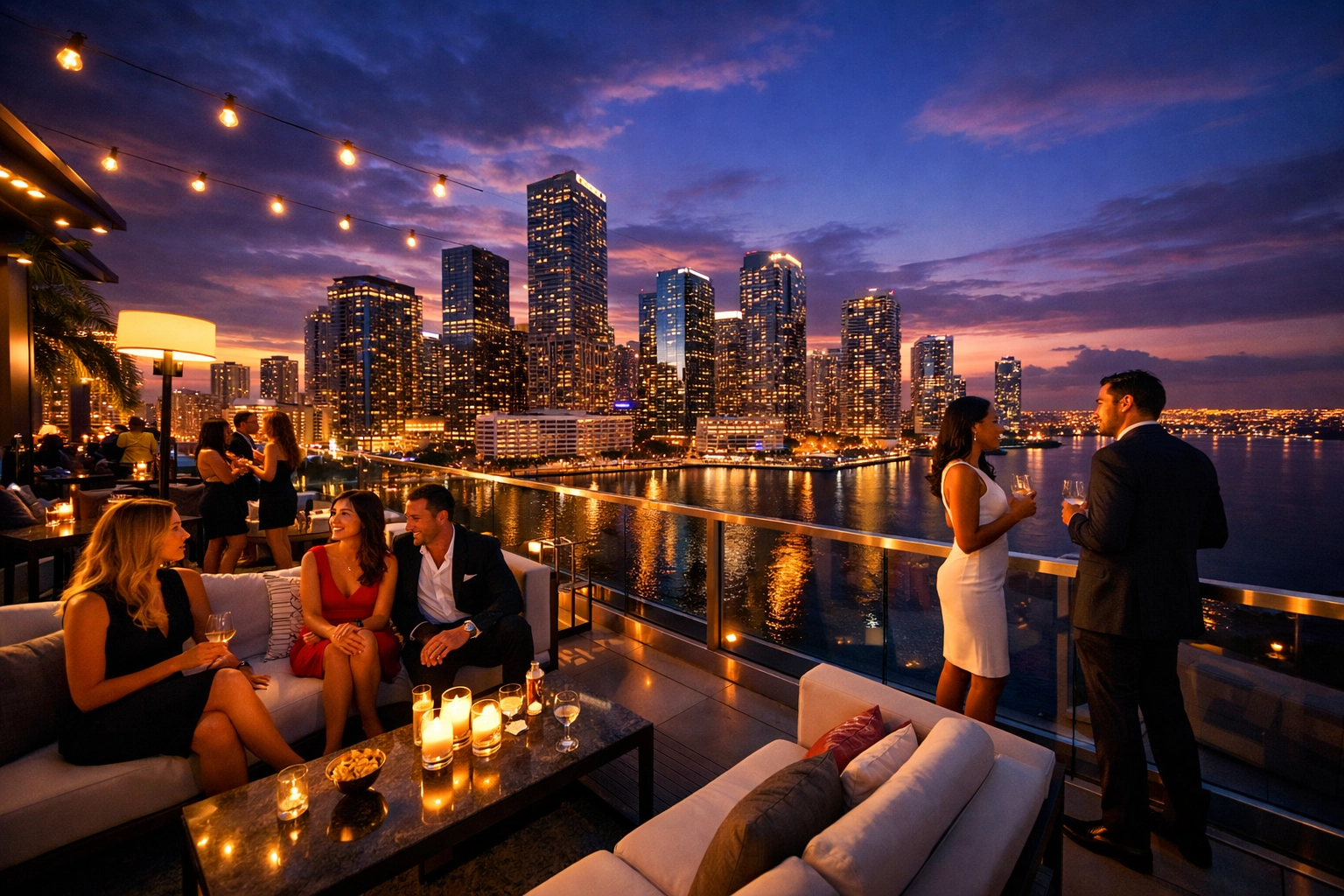 Professional event photography in Miami capturing a luxury corporate rooftop mixer in Brickell.