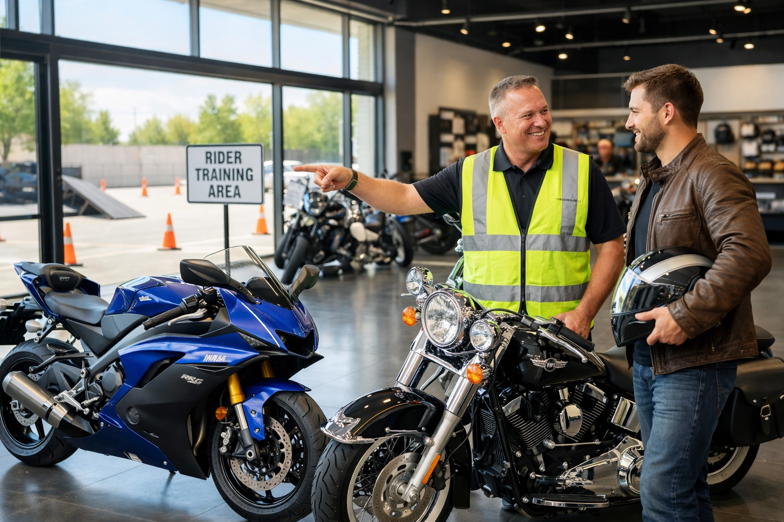 Safety training consultation at a motorcycle dealership showroom featuring Yamaha and Harley-Davidson bikes.