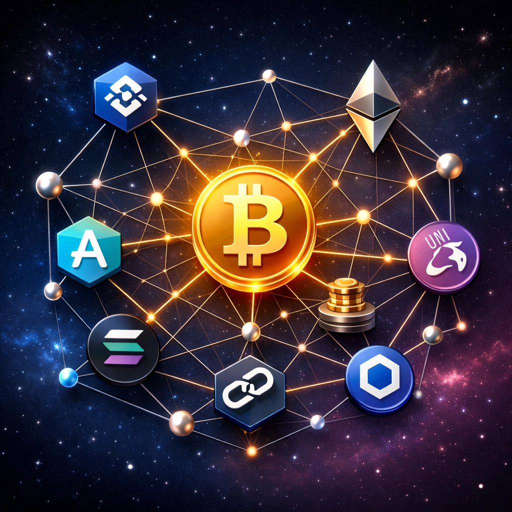 Diversified crypto portfolio network showing Bitcoin, blockchain equities, and DeFi protocols