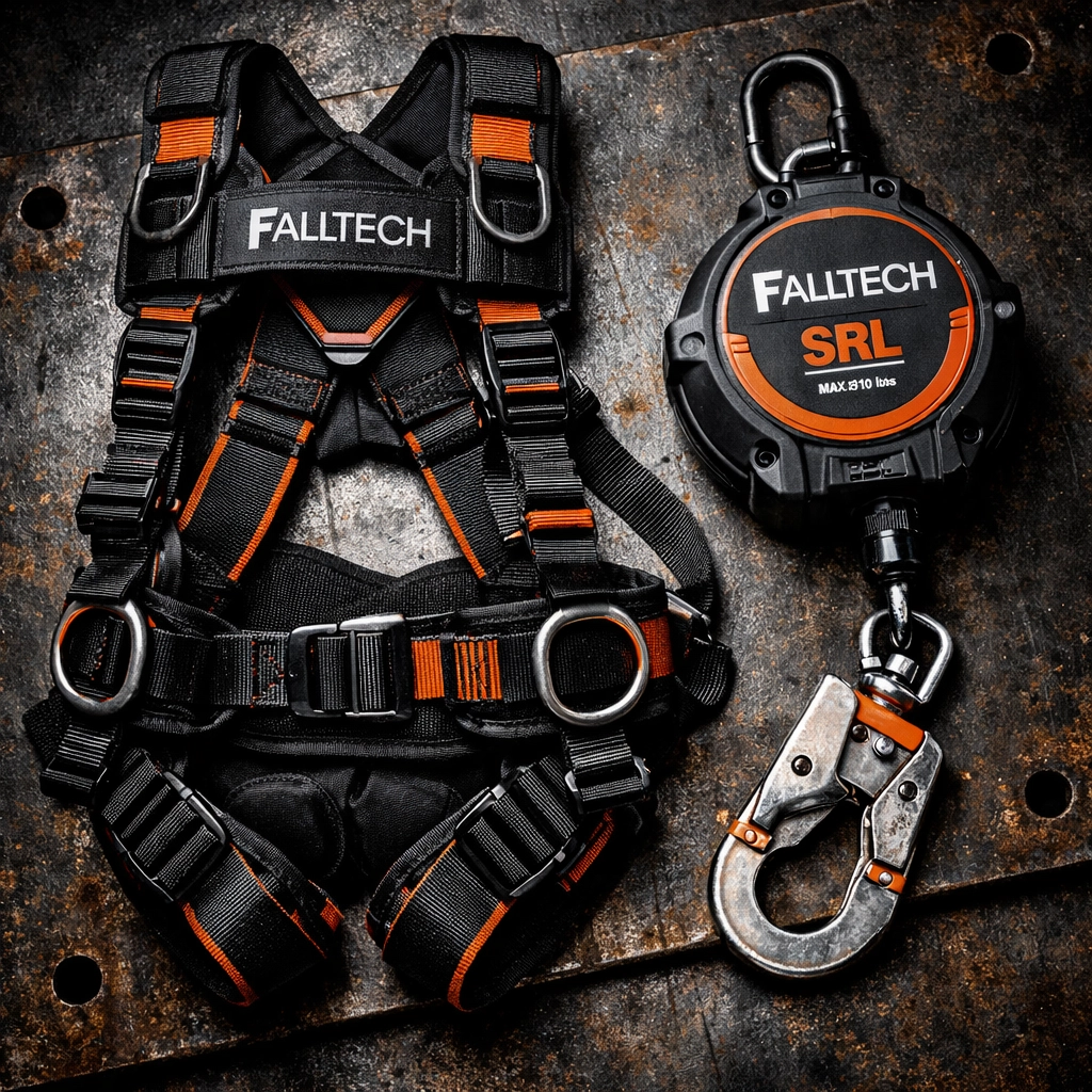 Durable FallTech harness and SRL on steel plate, essential fall protection gear for Fort Wayne contractors.