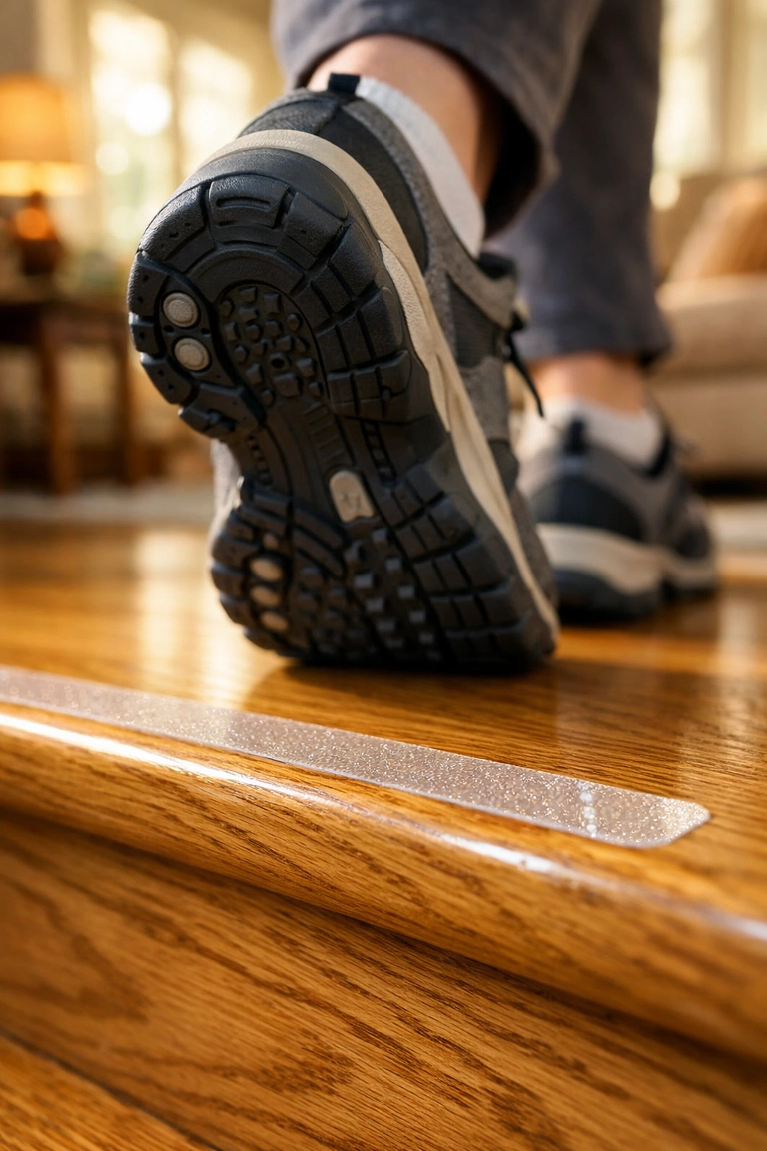 Rubber-soled shoes on a wooden step with a non-slip tread to prevent slipping on stairs.