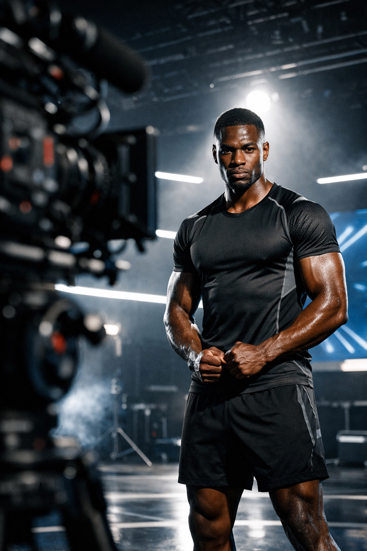 A professional athlete posing in a high-tech studio for a modern sports marketing brand campaign.