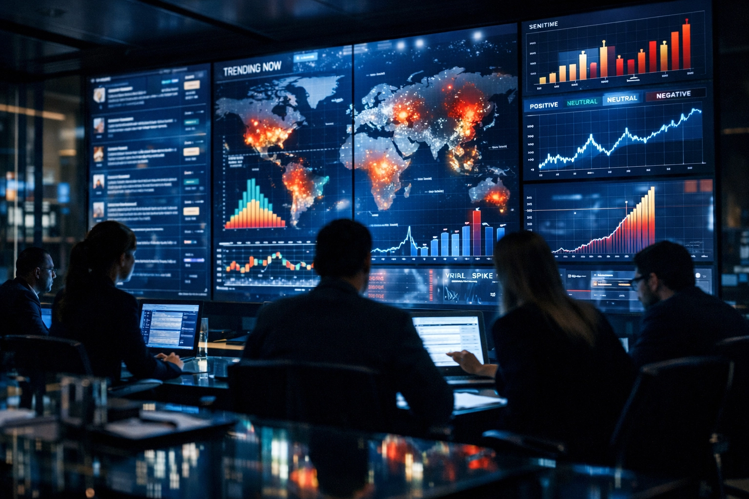 Digital marketing strategists analyzing real-time data and sports analytics in a modern command center.