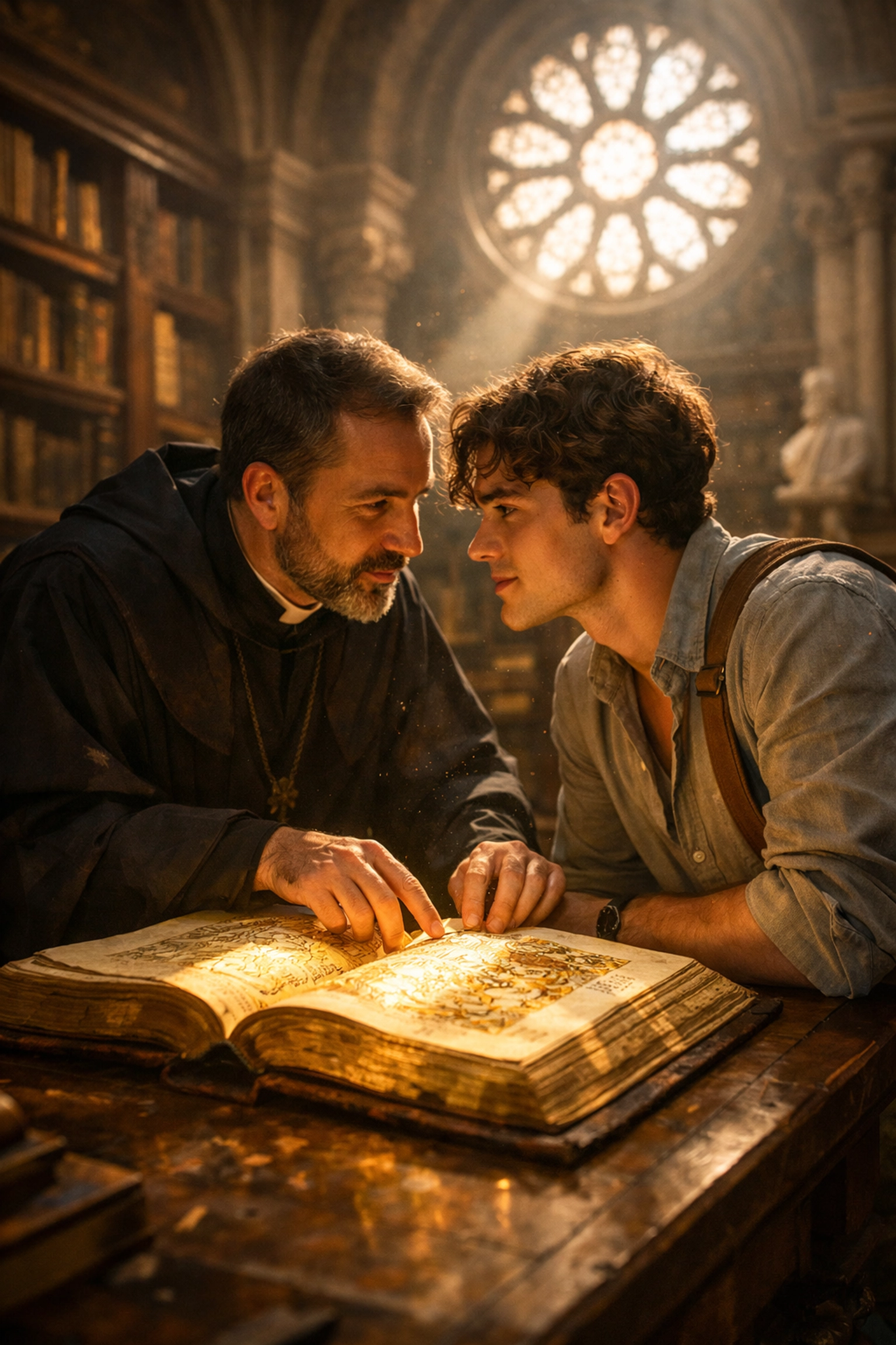Two men share an intimate moment over an ancient manuscript in a historic Vatican library.