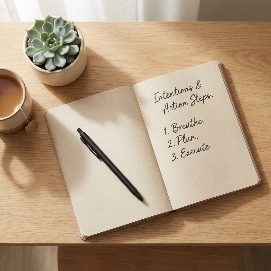 Open journal and cup of tea on desk, representing self-reflection and taking recovery actions for women.