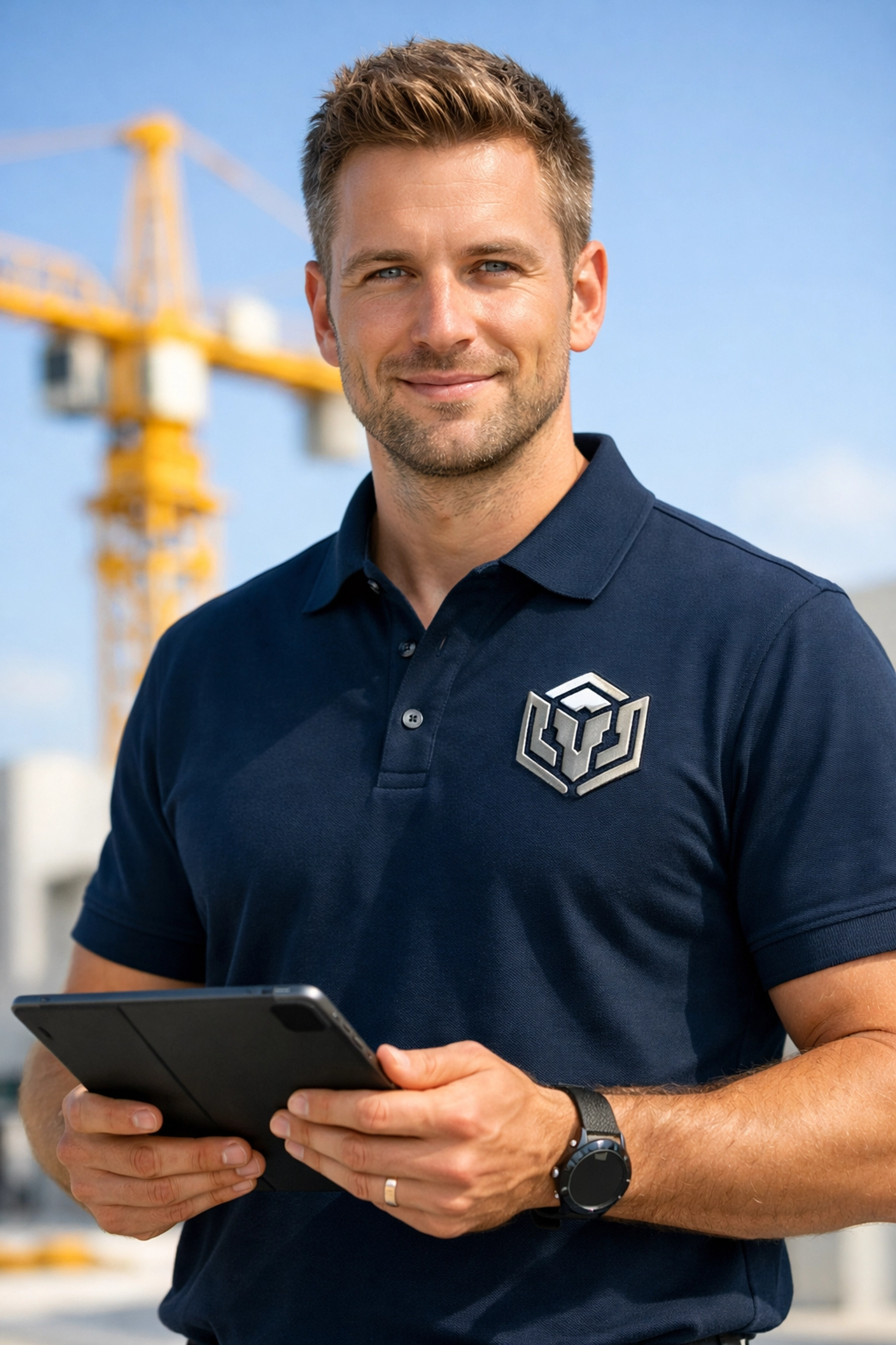 Professional project manager wearing a custom embroidered polo at a bright construction site.