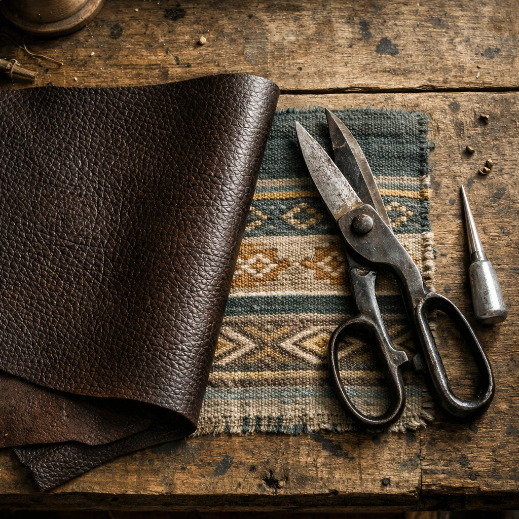 Regenerative leather and artisan textiles on a workbench in a Medellín workshop.