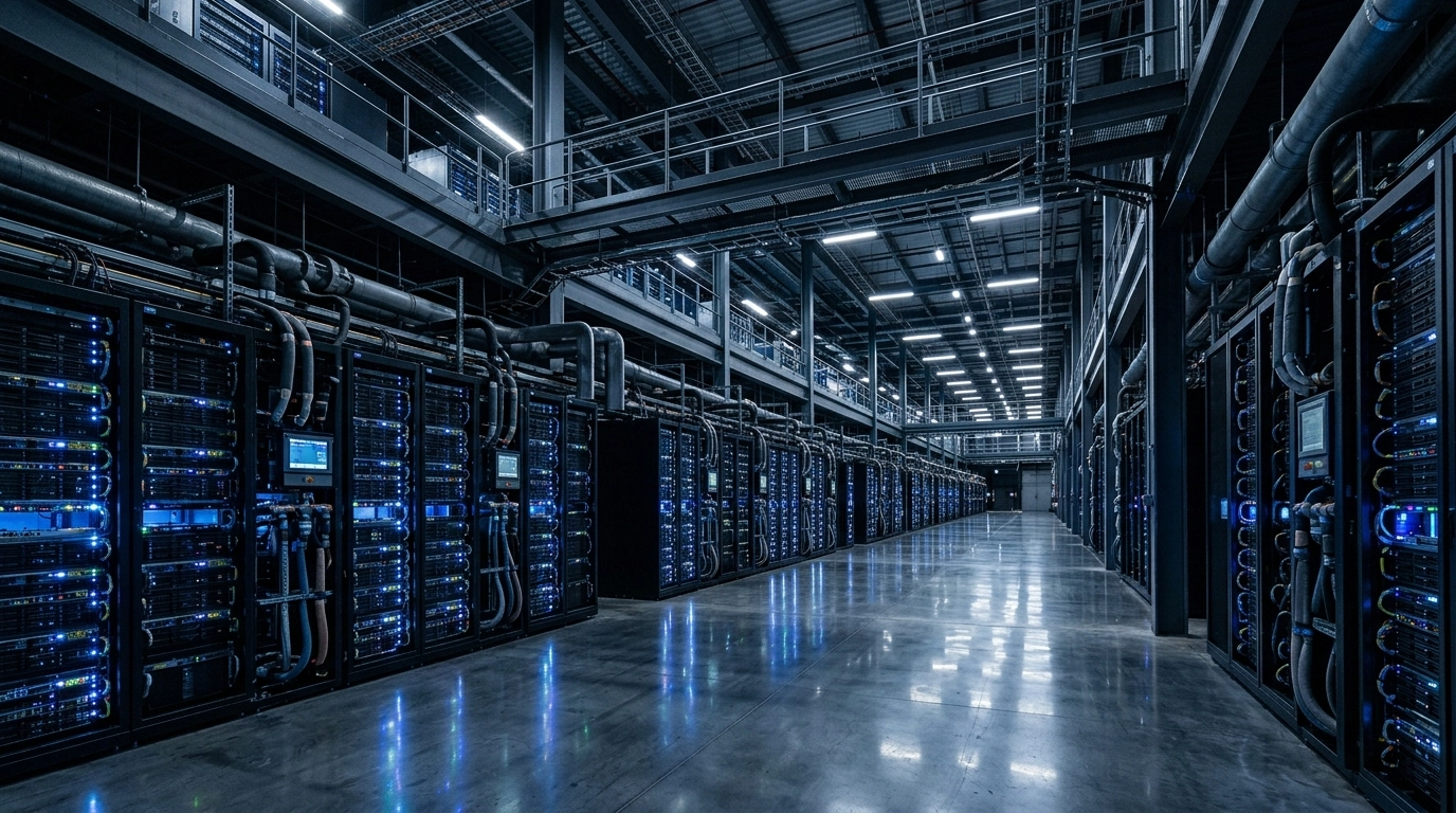 A cinematic, hyper-realistic wide shot of a massive, ultra-modern AI data center interior featuring high-density server racks and liquid cooling.