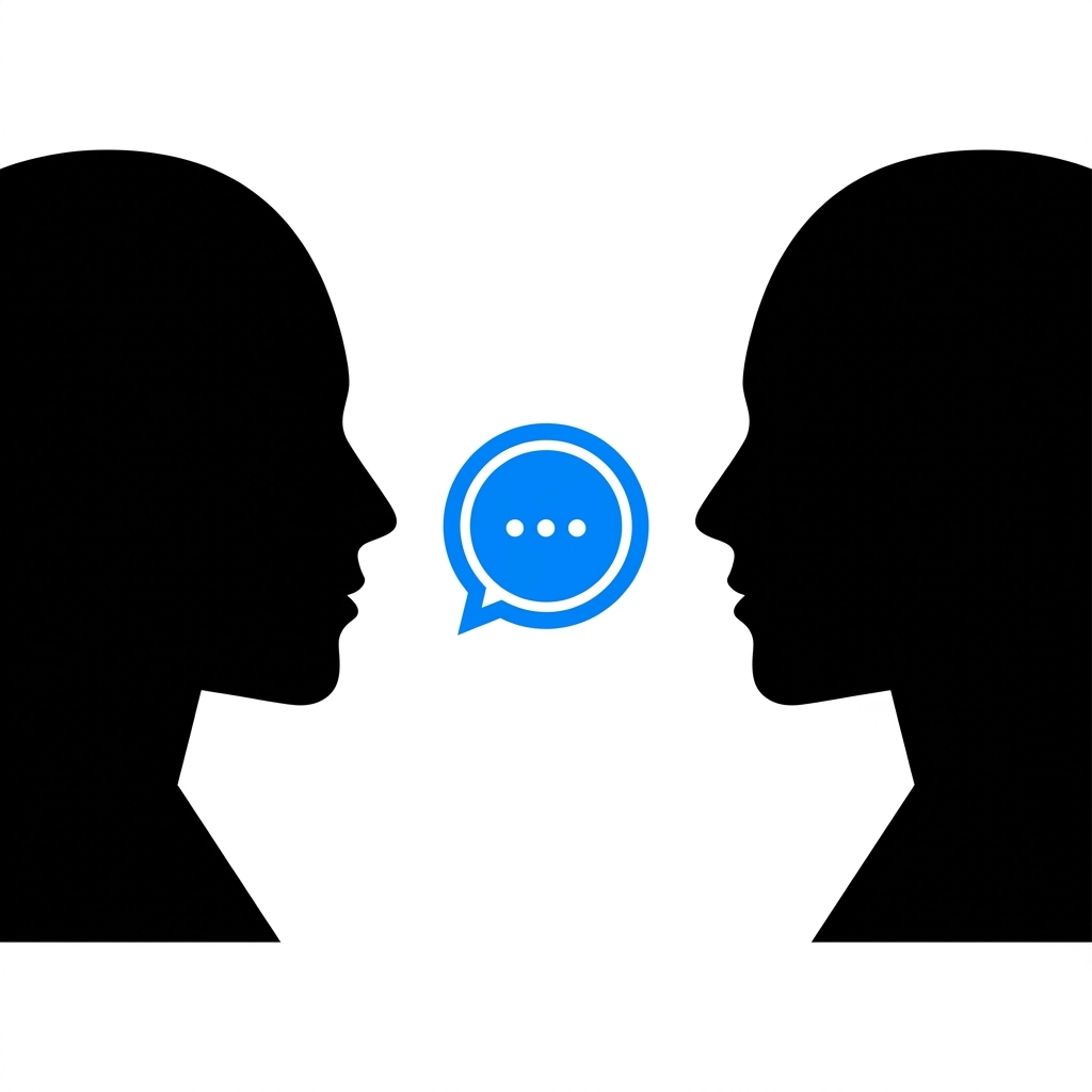 Iconographic depiction of two human profiles facing each other, representing a dialogue or consultation. Bold black silhouettes on a pure white background. Simple geometric forms. A single bright blue speech bubble icon between them.