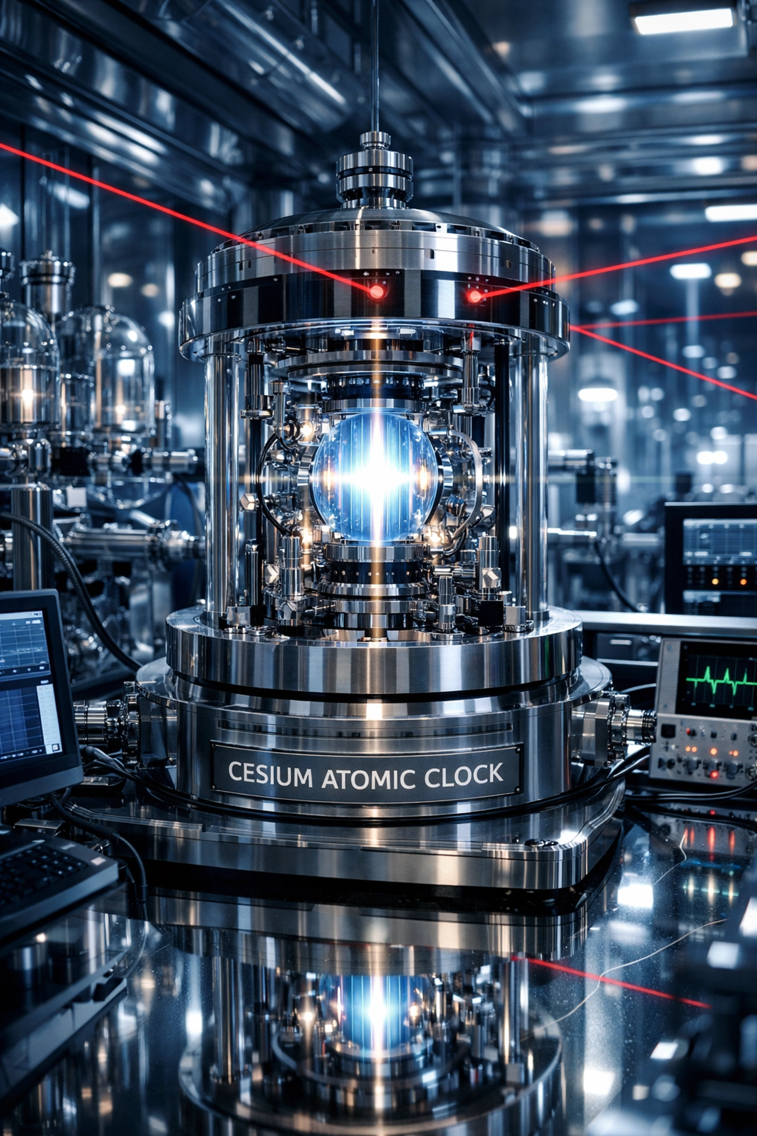 Futuristic laboratory with an atomic clock used for precise global time synchronization.