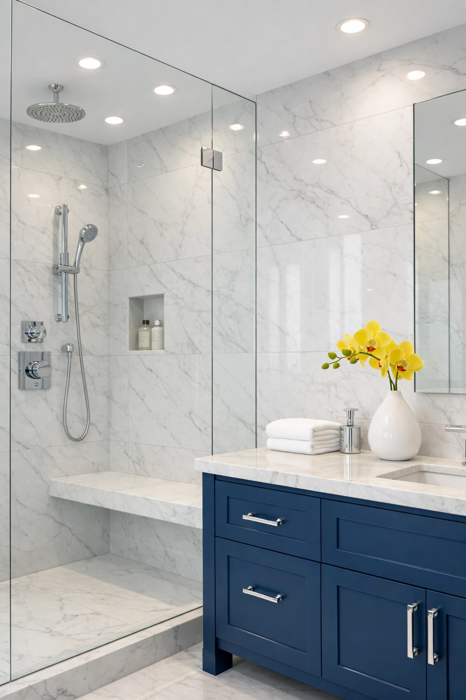 Sanitized modern bathroom featuring a spotless glass shower, a highlight of residential cleaning in North Reading.