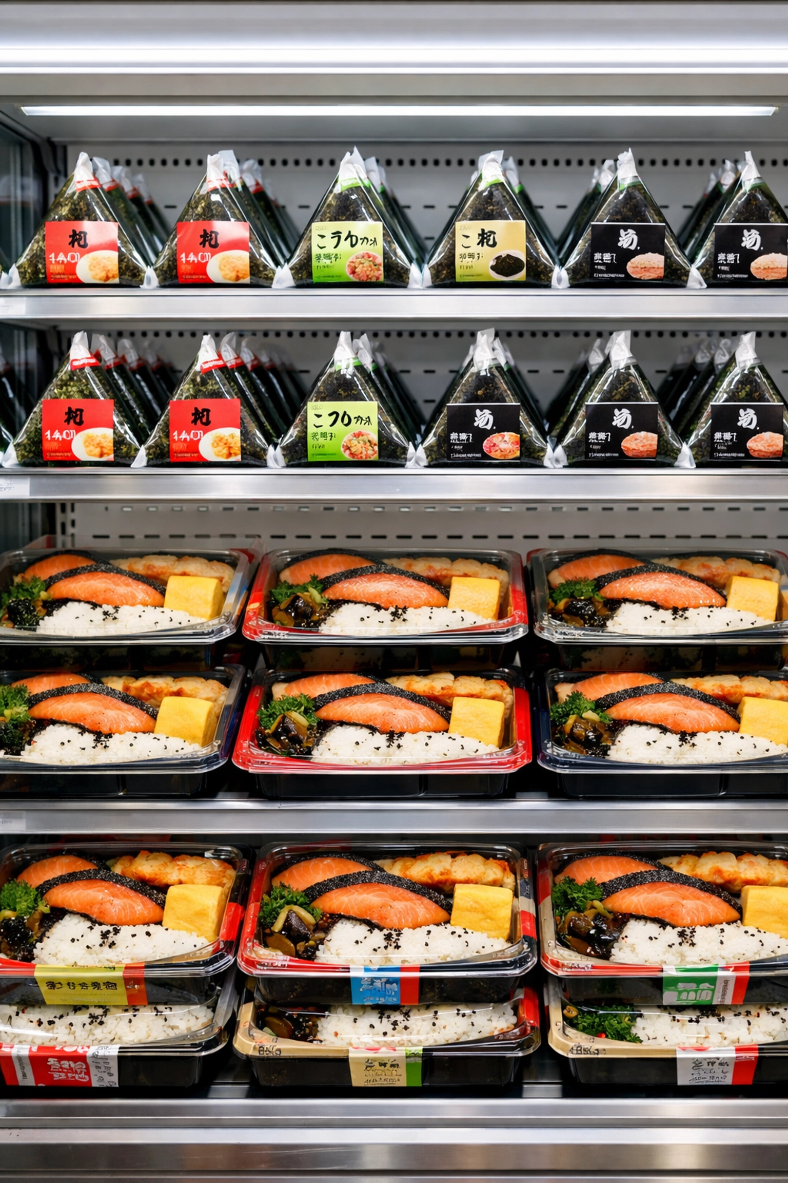 Assorted onigiri and bento boxes at a Japanese convenience store, providing quick and affordable meals.