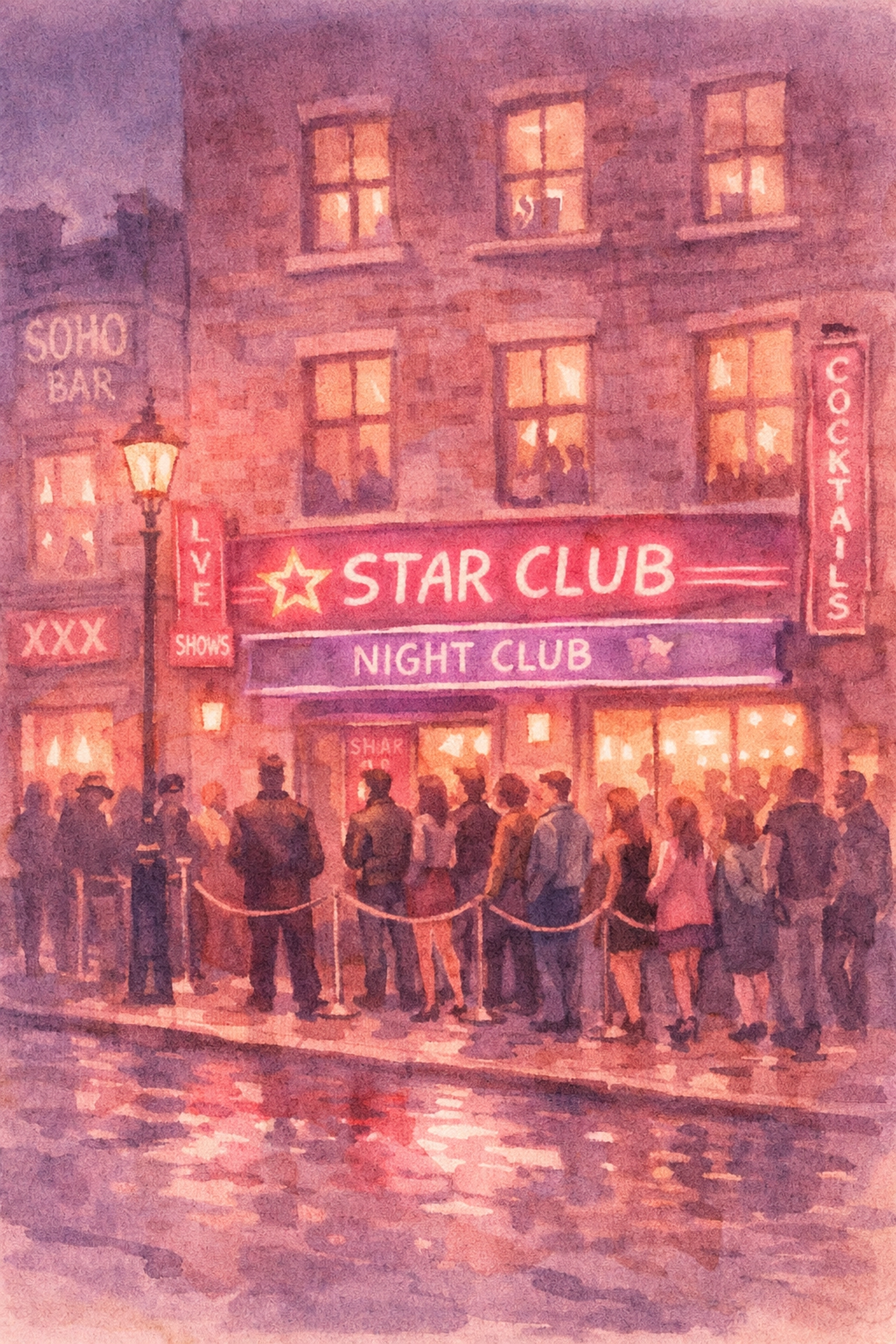 The Candy Bar lesbian nightclub exterior in Soho London with neon lights and people gathering outside