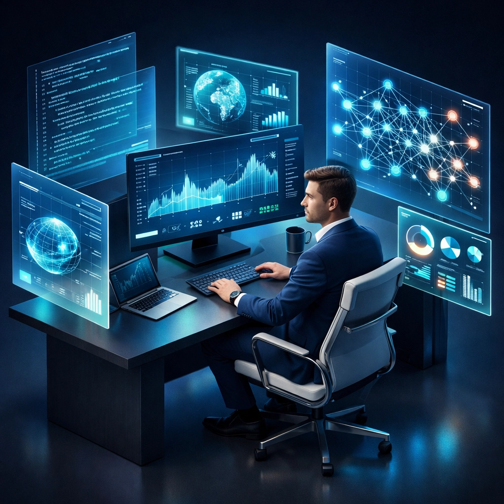 Professional using holographic AI data panels to enhance career value and productivity at work.
