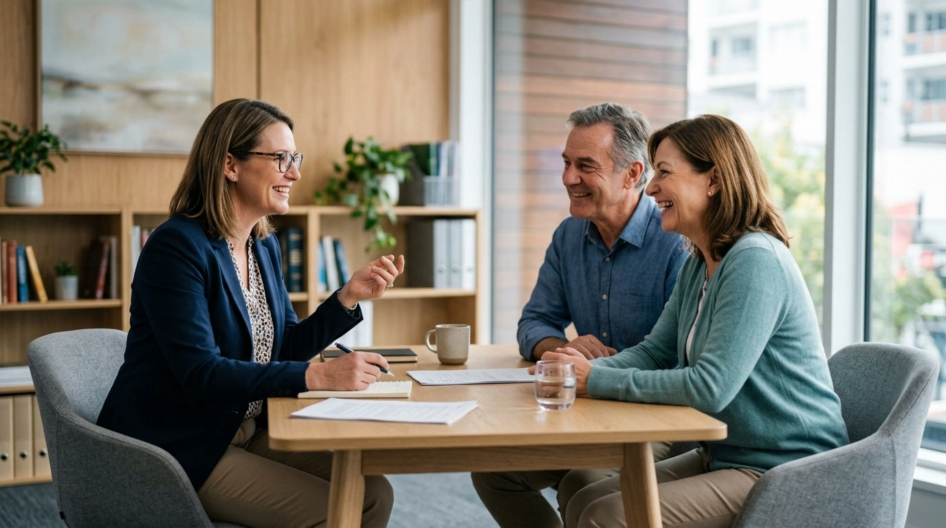 A lawyer and a couple having a friendly conversation in a comfortable office