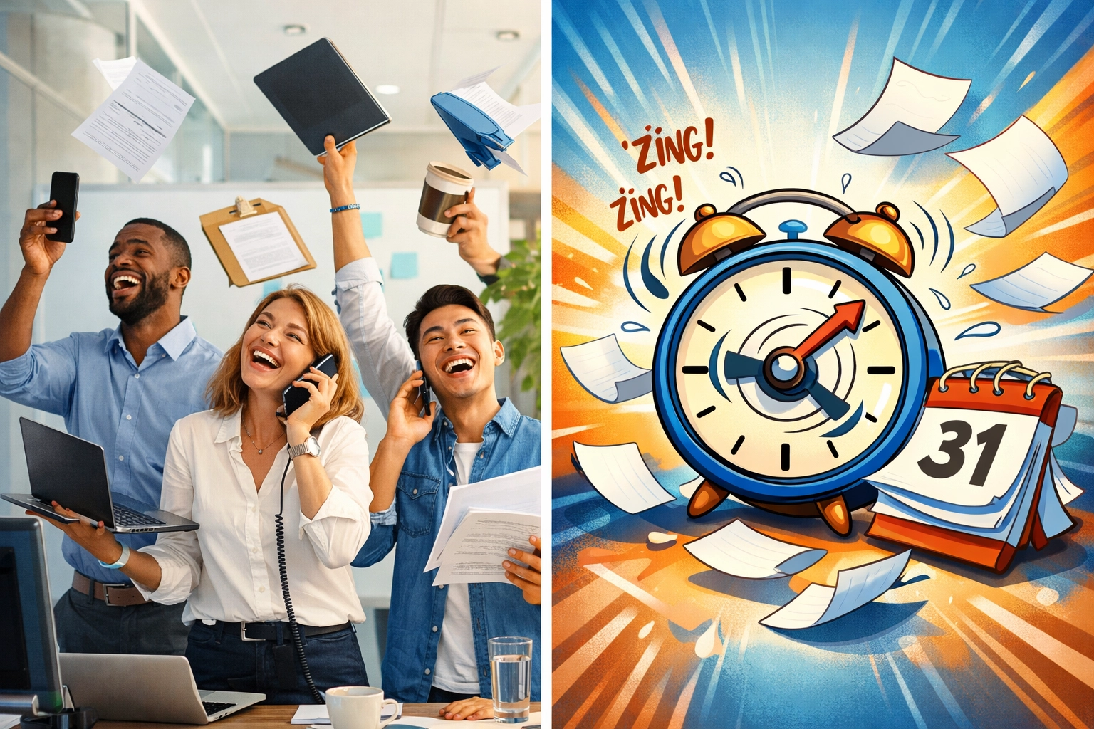 Small business team juggling multiple tasks while implementing ISO 9001 under time pressure