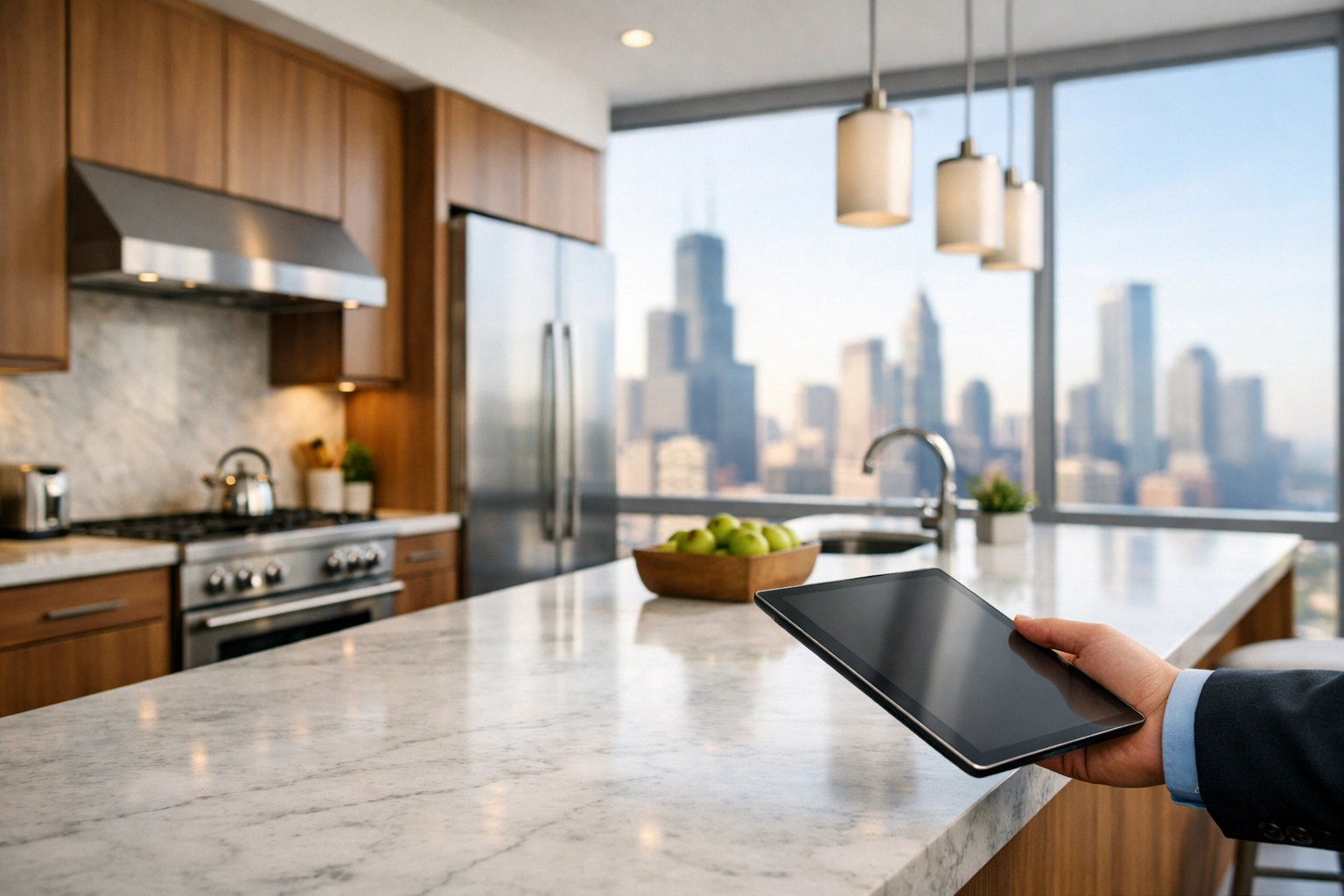 Property manager performing a pre-move-out audit in a modern Chicago high-rise kitchen with a digital tablet.