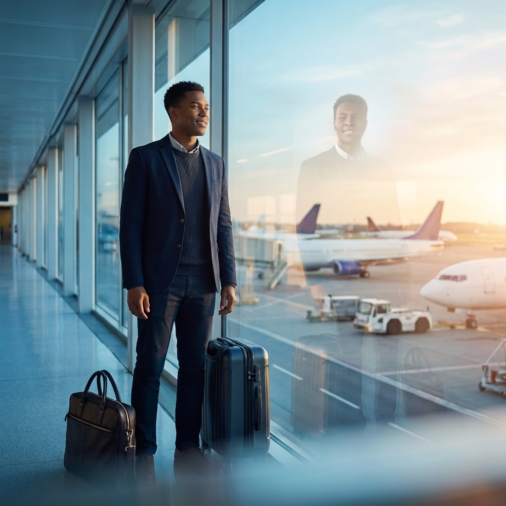 Confident international professional at airport, preparing to re-launch global career after returning home
