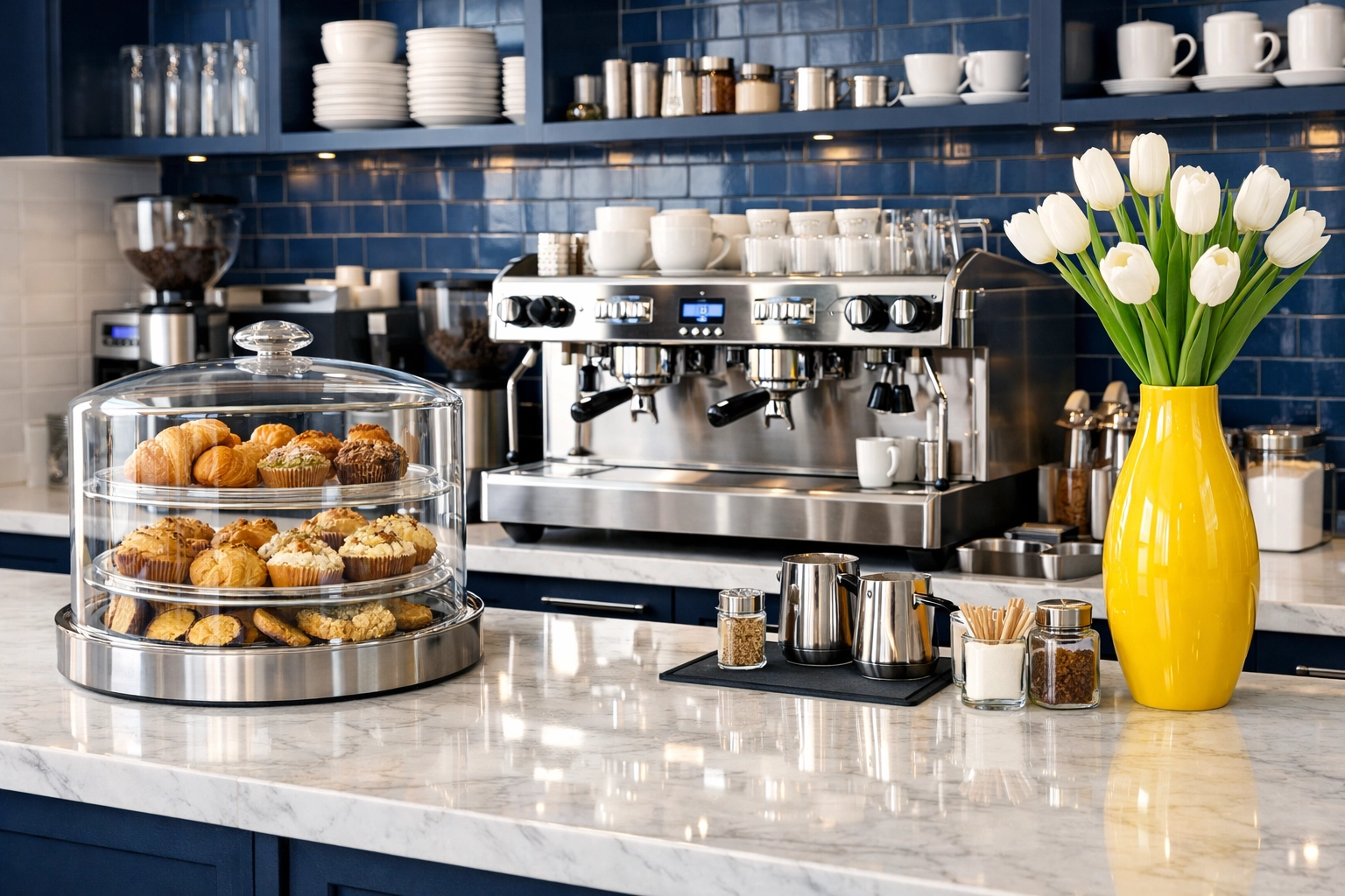 Clean cafe service counter and espresso station with polished marble surfaces and smudge-free glass displays.
