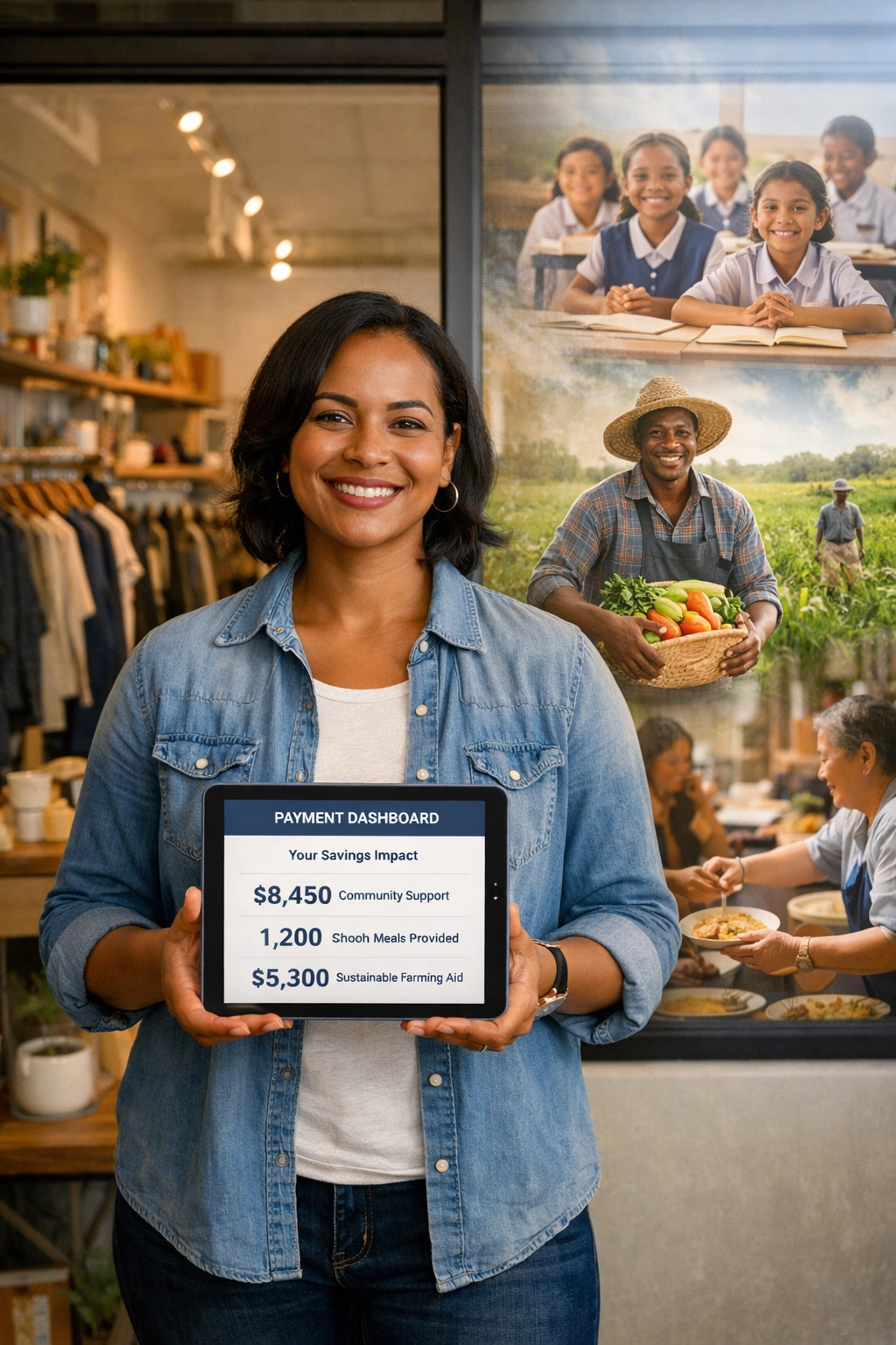 Small business owner using Larecoin payment dashboard with social impact metrics