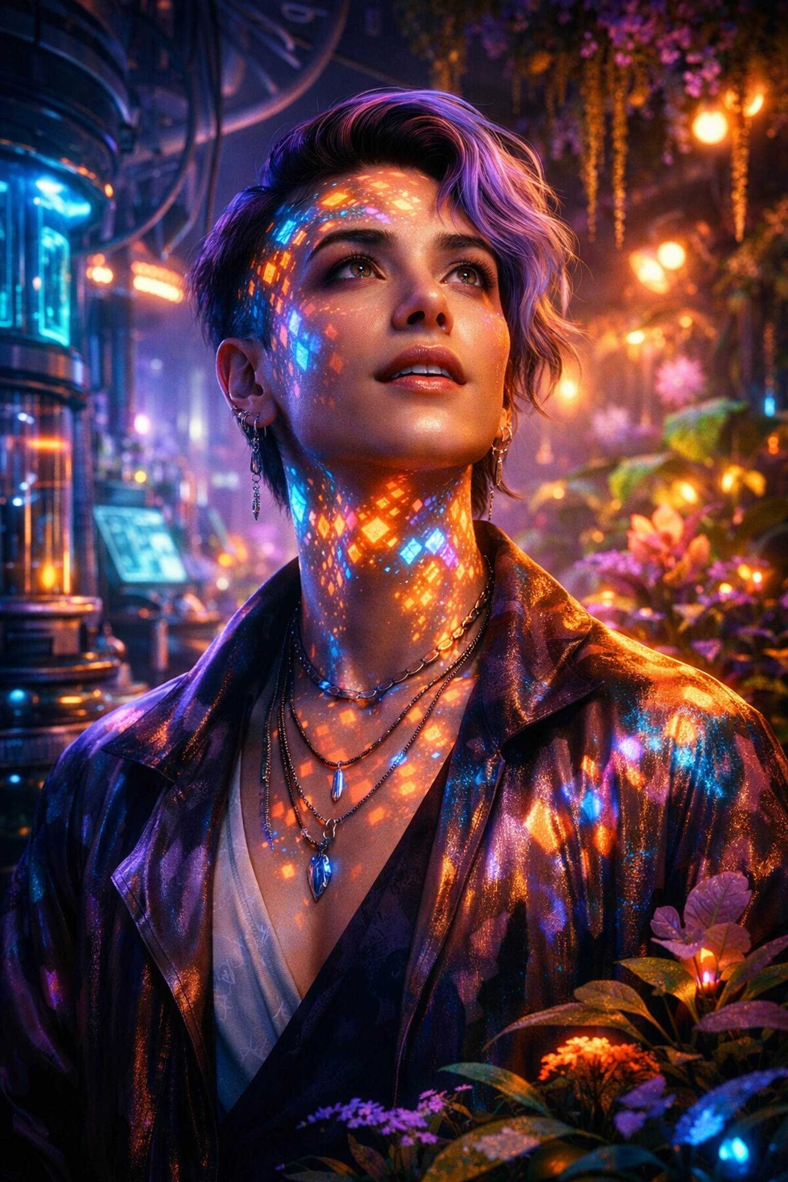 A gender-fluid person in a glowing bioluminescent garden, merging queer spirituality with the science of gender.