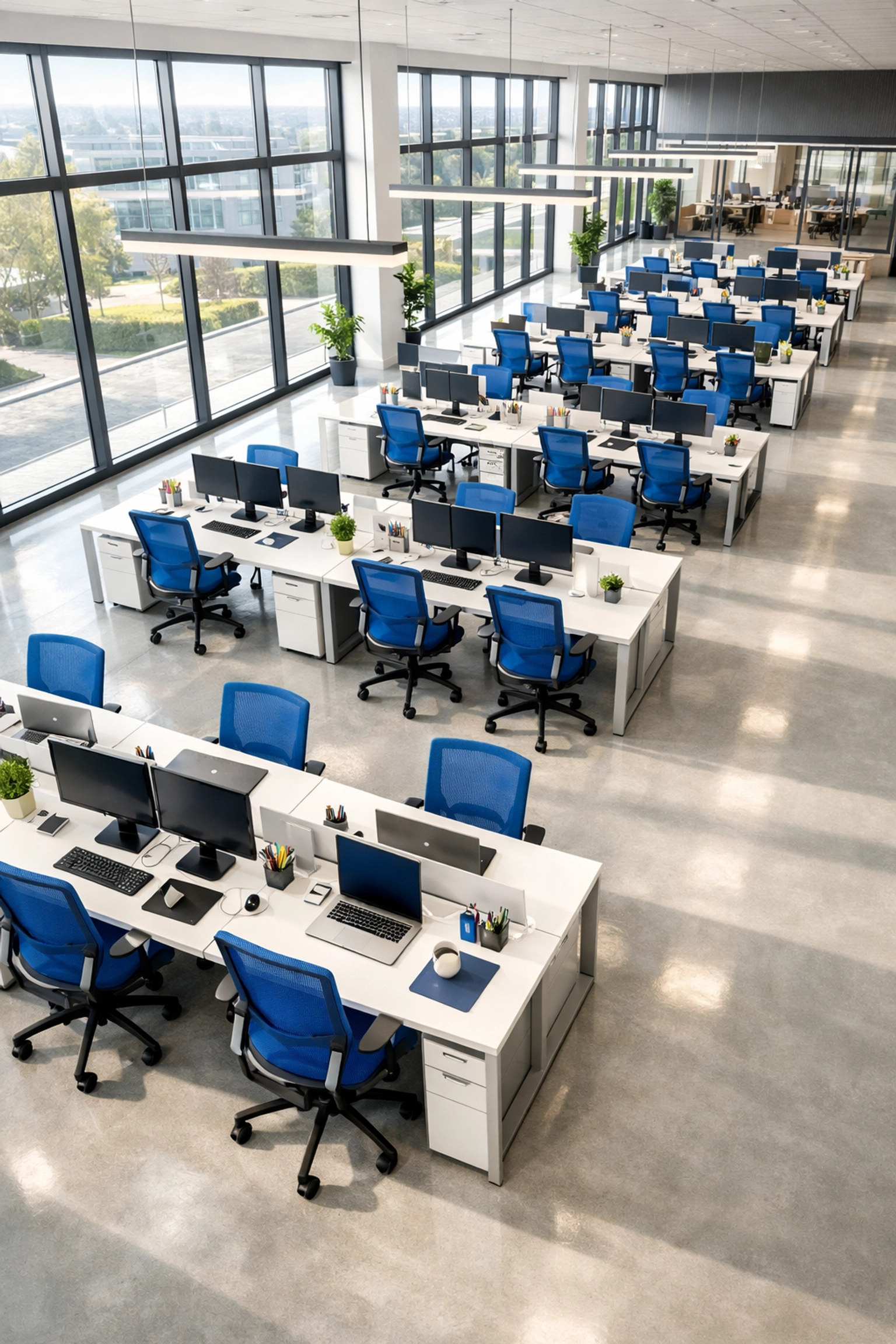 Overview of a clean, productive corporate headquarters in Abington with organized desks.