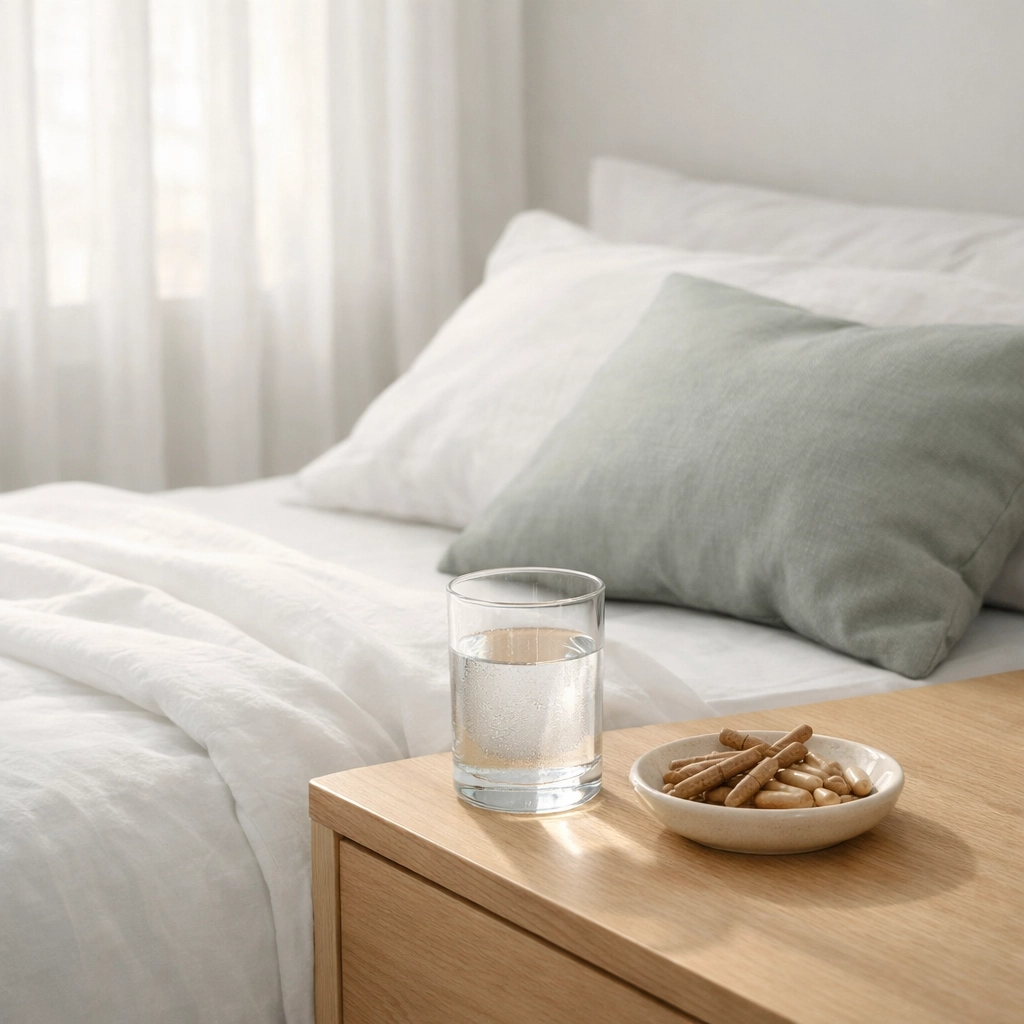 Peaceful bedroom setup for recovery with ashwagandha supplements on nightstand
