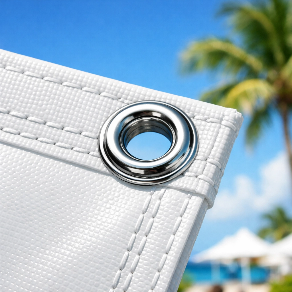 Close-up of a silver metal grommet and reinforced hem on a durable outdoor vinyl banner.