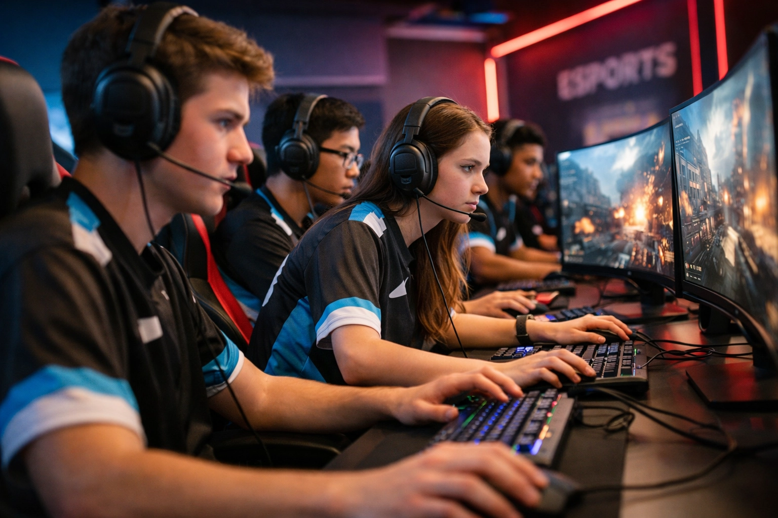 High school students in competitive esports gaming setup with professional equipment and team jerseys