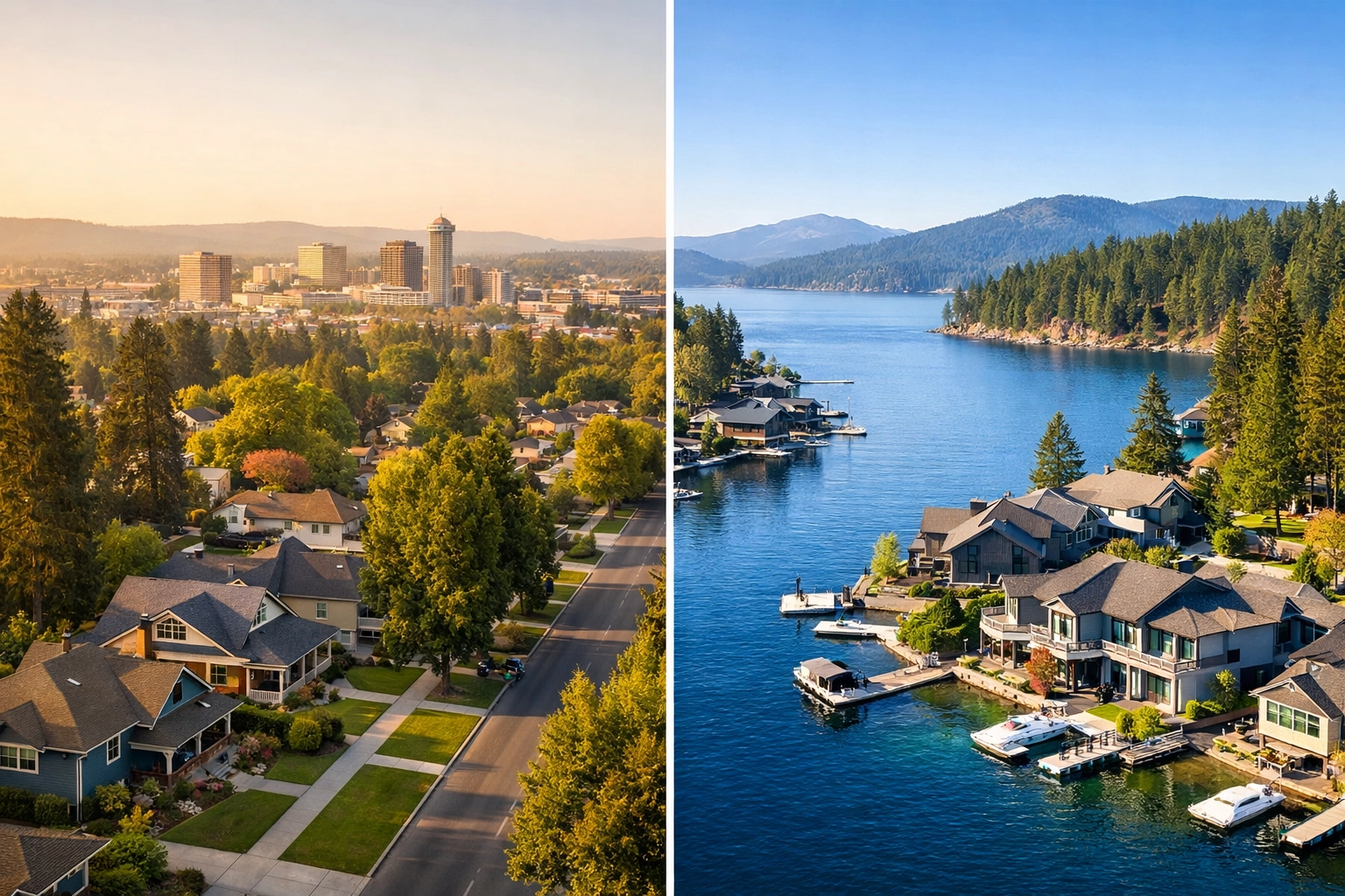 Aerial view comparing Spokane and Coeur d'Alene residential neighborhoods side by side