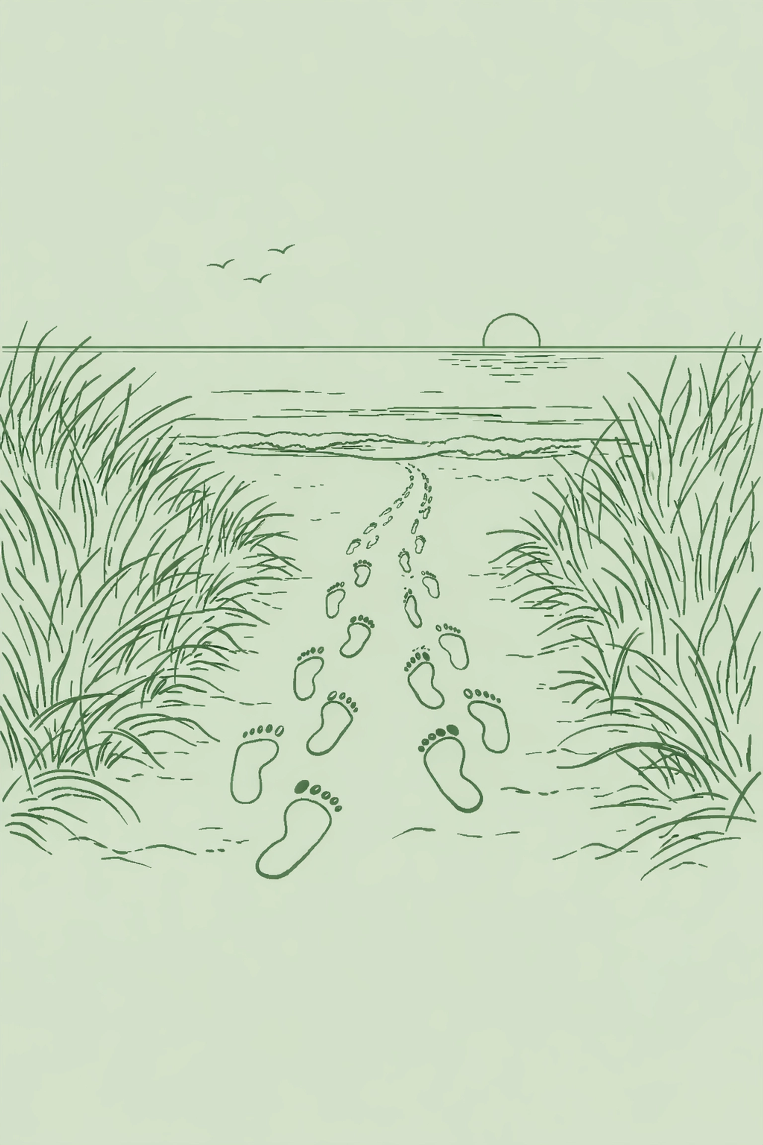Summer beach path in gay reunion romance showing footprints converging toward water