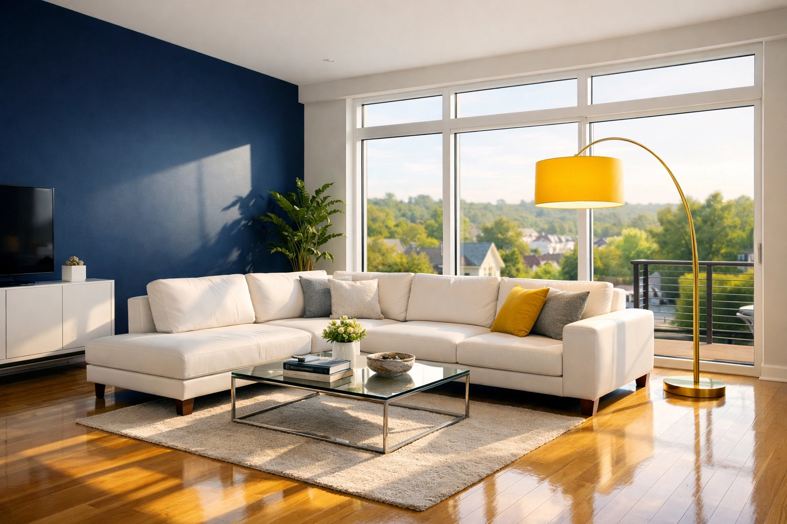 A spotless modern living room in a Leominster apartment showing high-quality residential cleaning results.