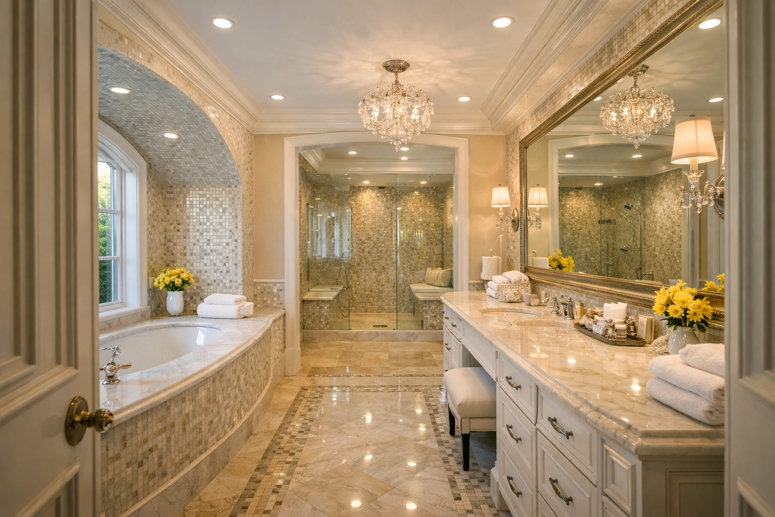 Immaculate master bathroom in a Needham estate featuring a gleaming marble double-vanity and mosaic tile.