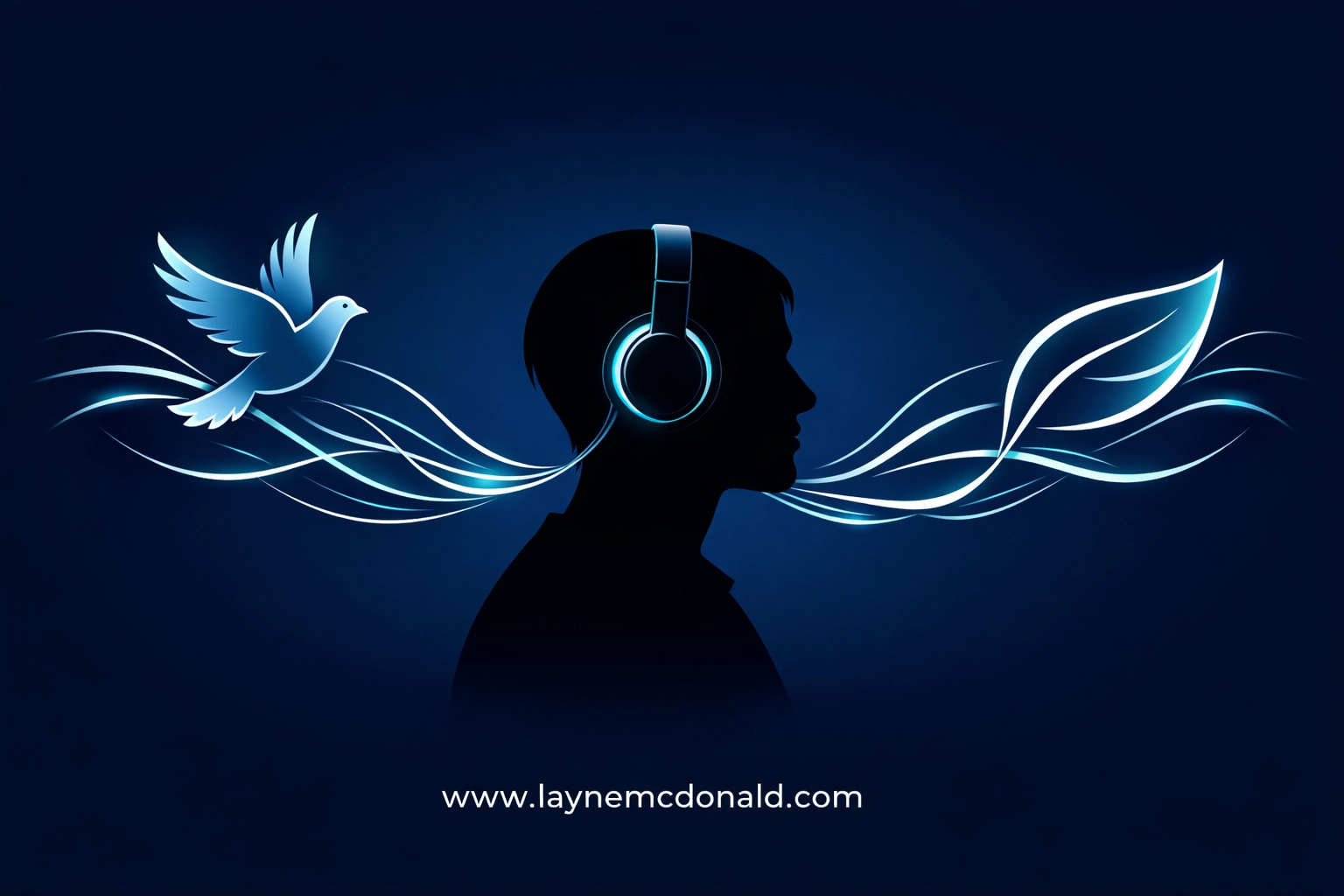Minimalist silhouette of a person with headphones and dove shapes representing faith-based audio media and prayer.