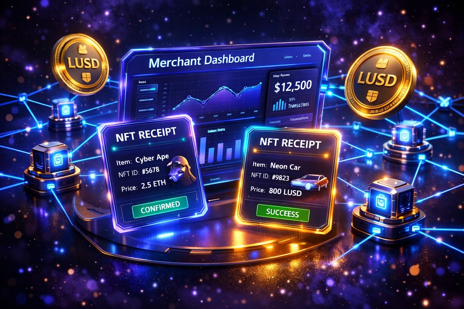 Web3 merchant dashboard featuring NFT receipts, LUSD stablecoin, and smart wallet integration