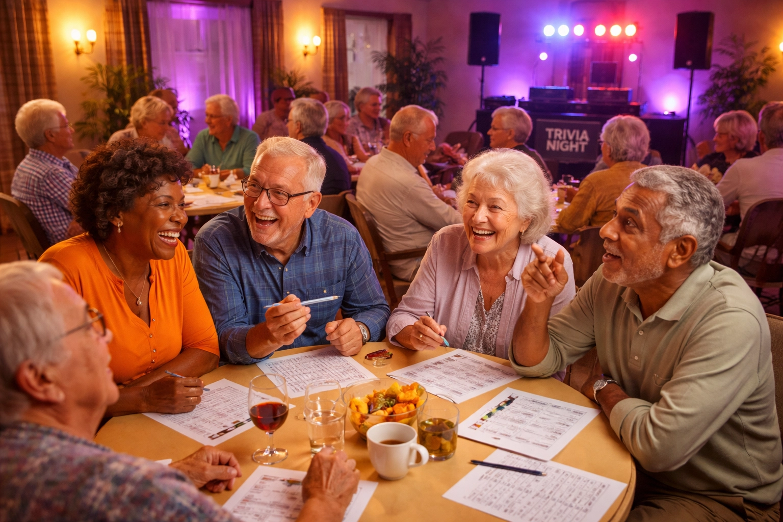 Senior residents enjoy a lively trivia night with DJ entertainment and vibrant lighting at an independent living community event.