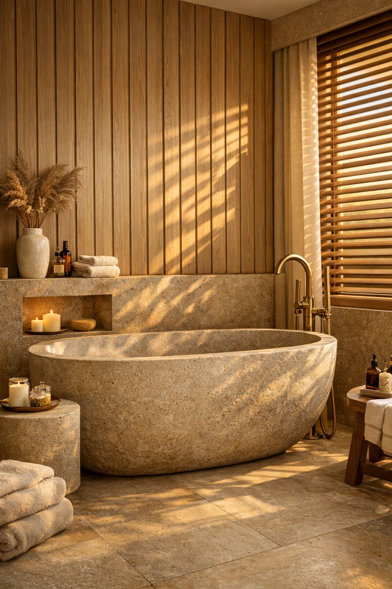 Luxury bathroom visualization featuring a stone tub and light oak panels created using AI style transfer.