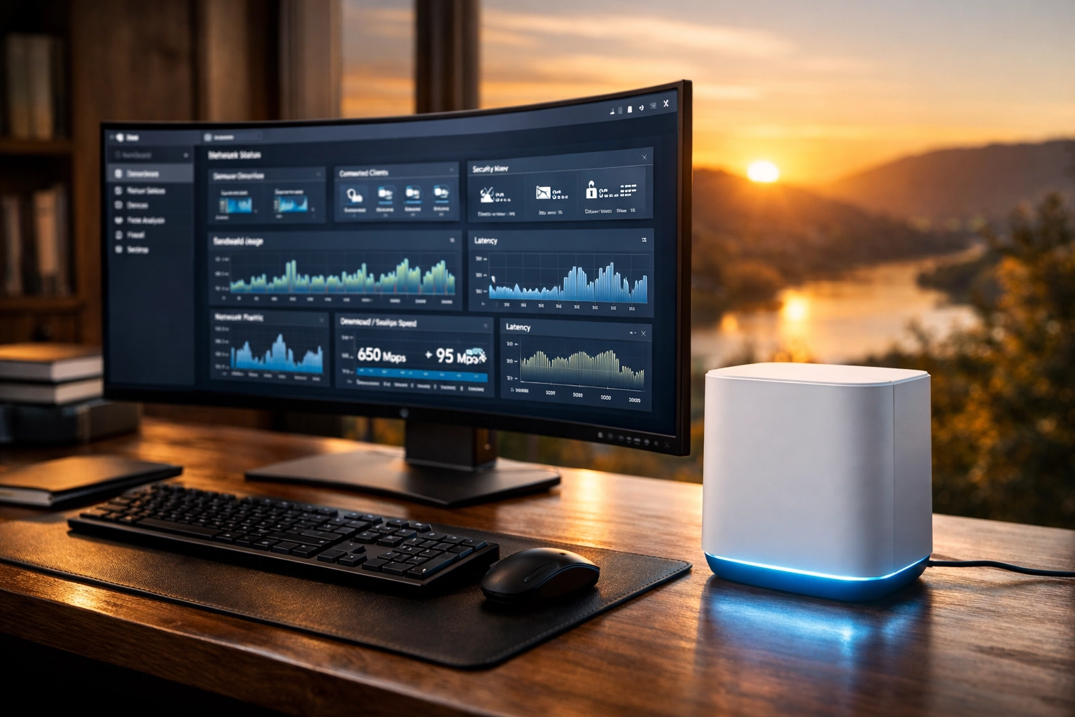 Modern Clarkston WA home office setup featuring a high-speed router and the Rodeo Internet subscriber portal.
