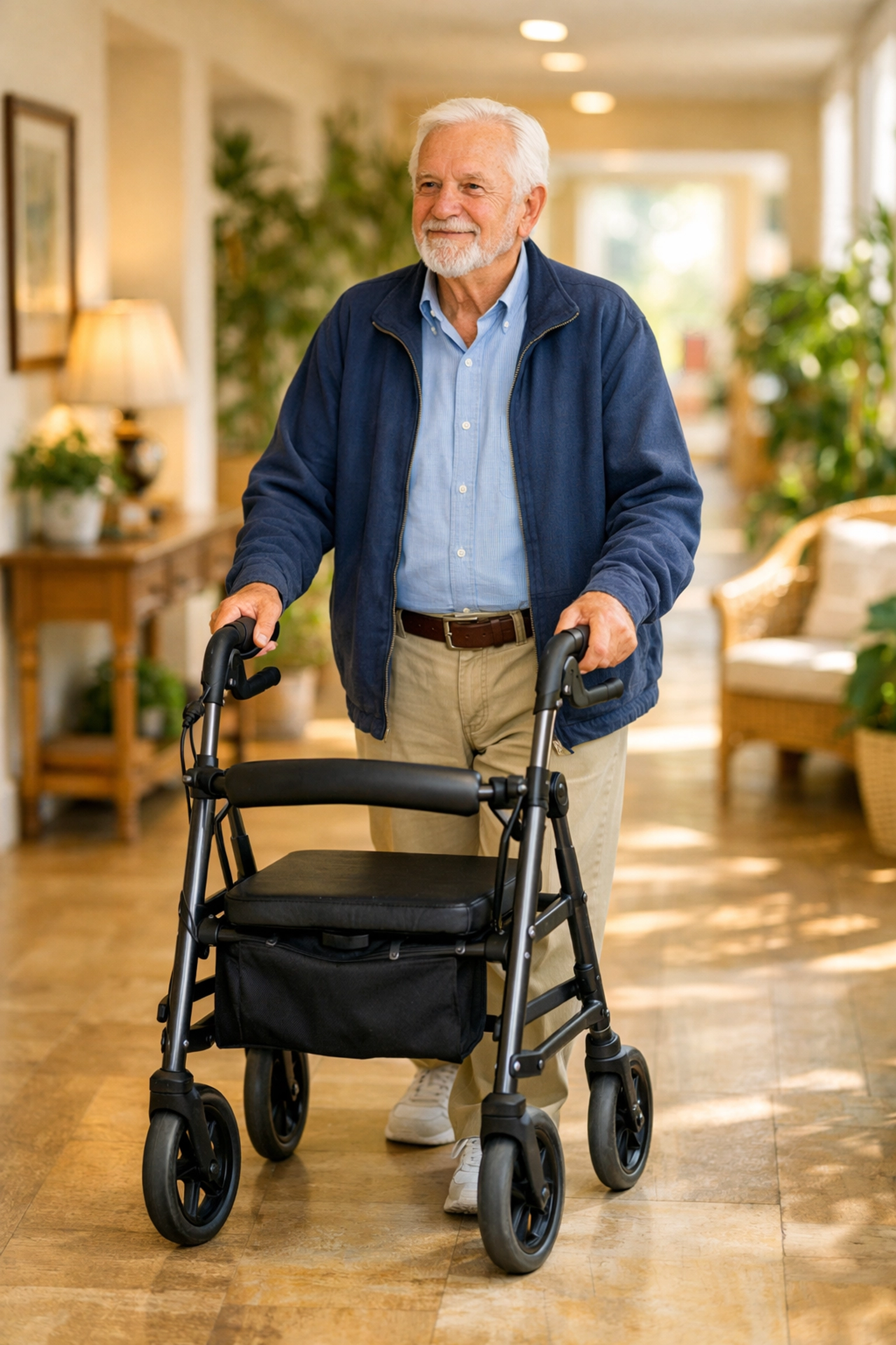 Senior man walking with a rollator walker while looking forward to maintain posture and balance.