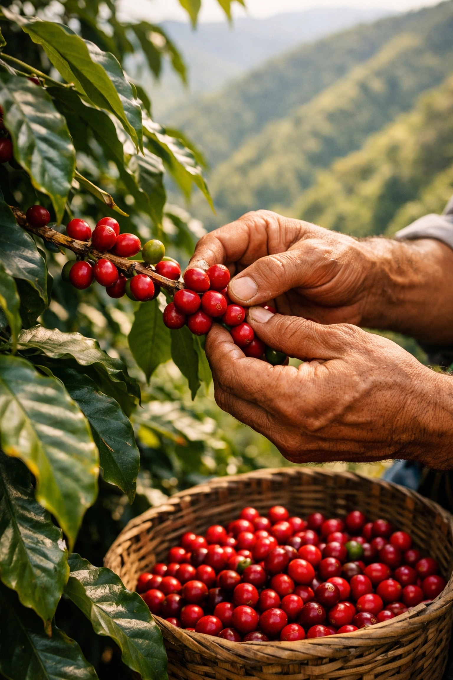 Colombian coffee farmer hand-picking ripe red cherries from coffee plant on mountain farm