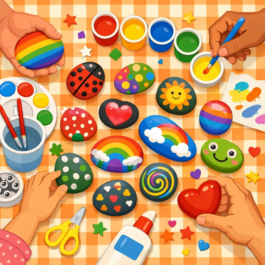 Family painting rocks together at home as affordable craft activity