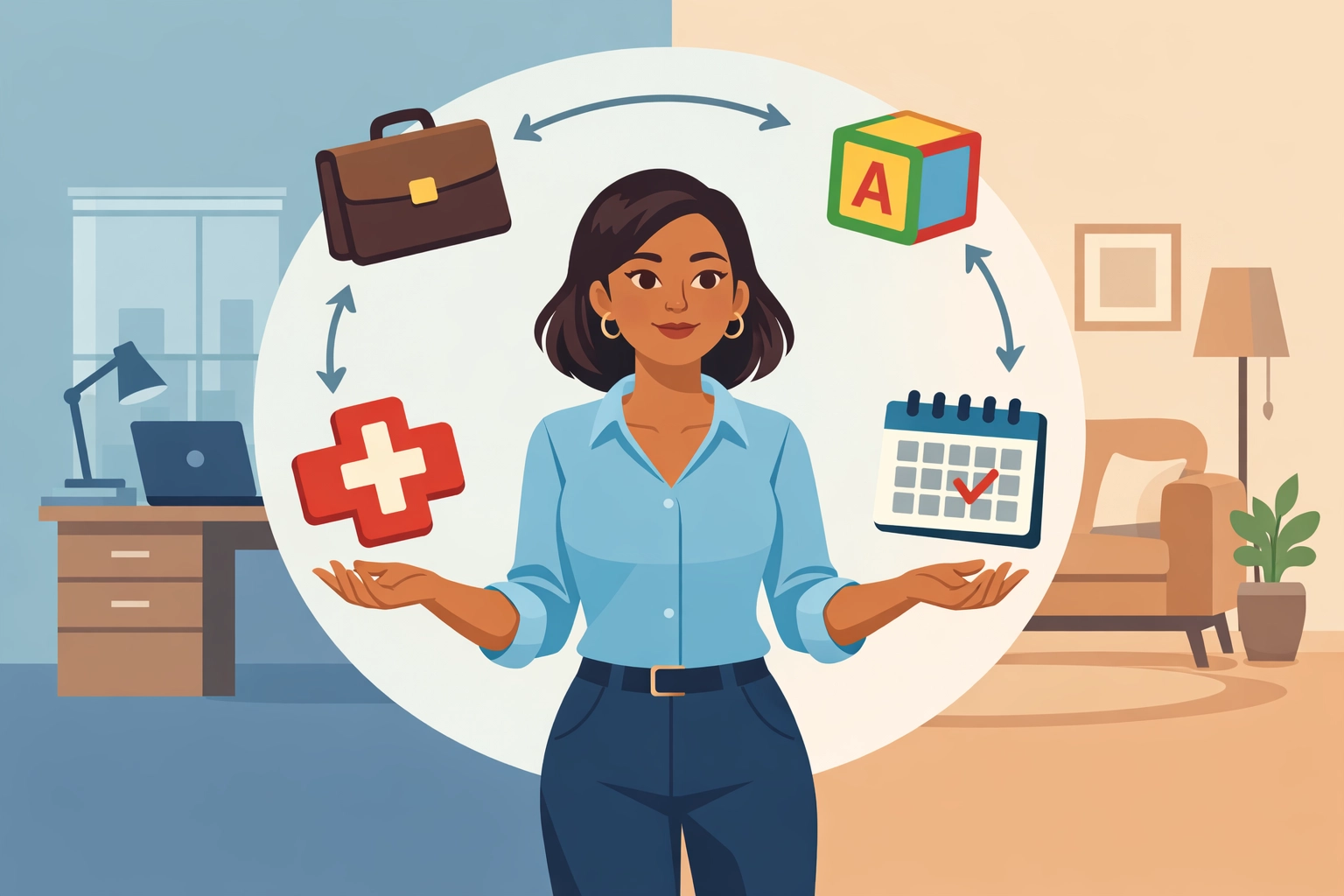 Professional woman balancing work and caregiving responsibilities for sandwich generation employees