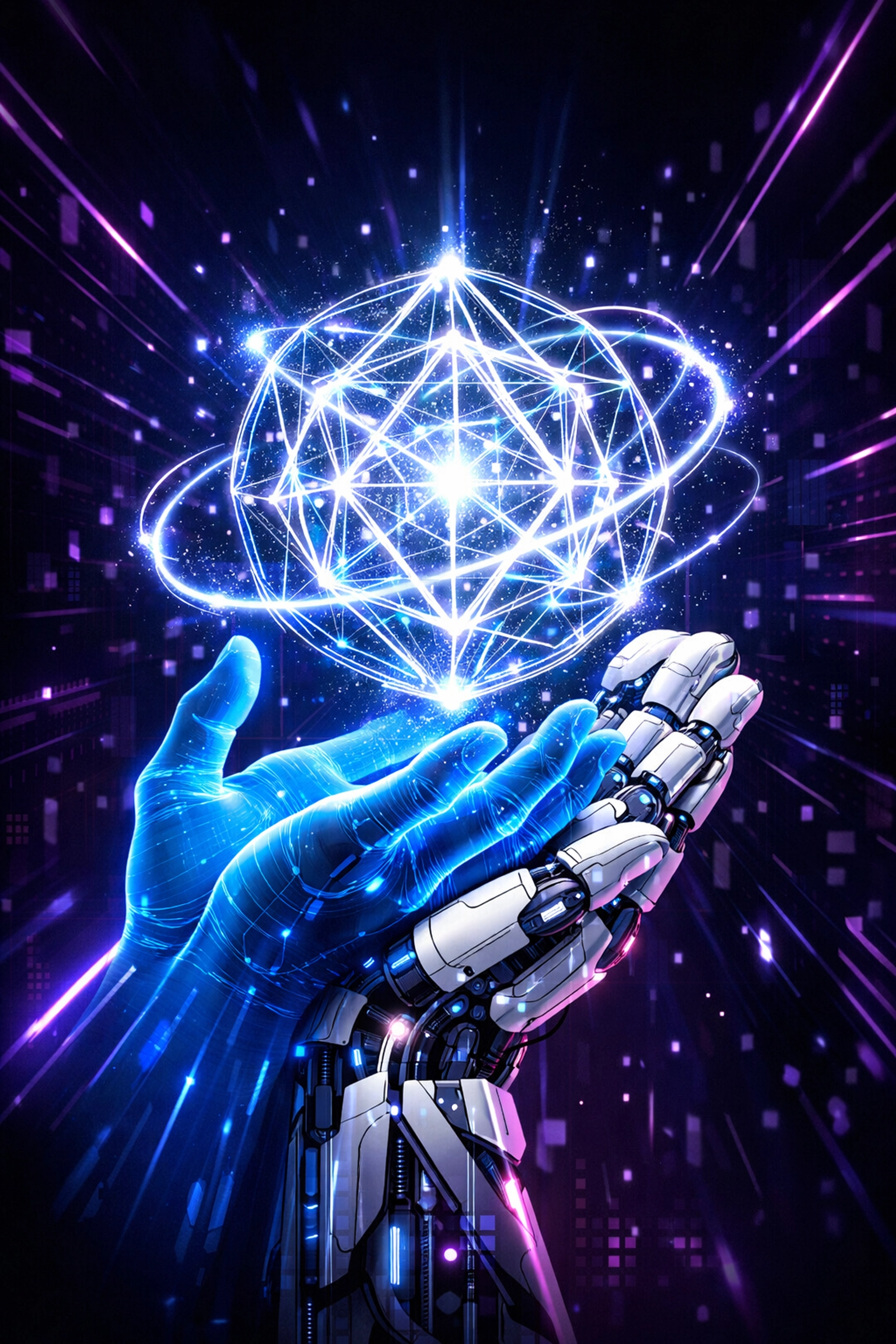 Human and robotic hands collaborating to manage intelligent automation solutions for workflows.