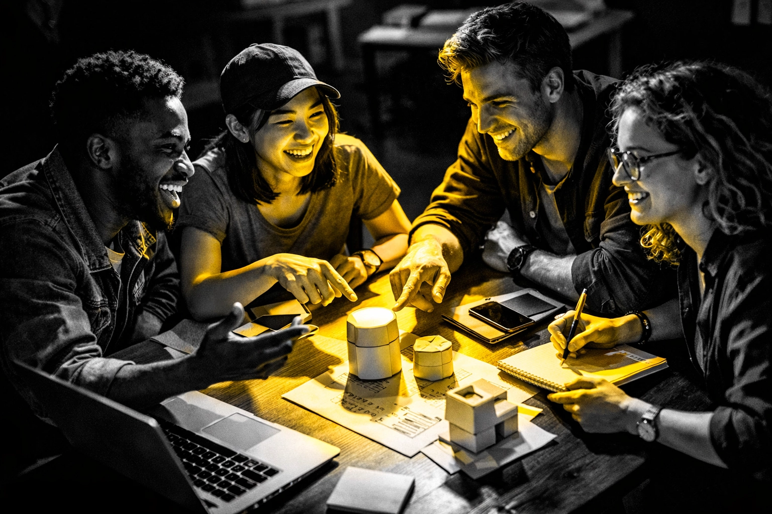 Young entrepreneurs collaborating at workspace building products and resources together