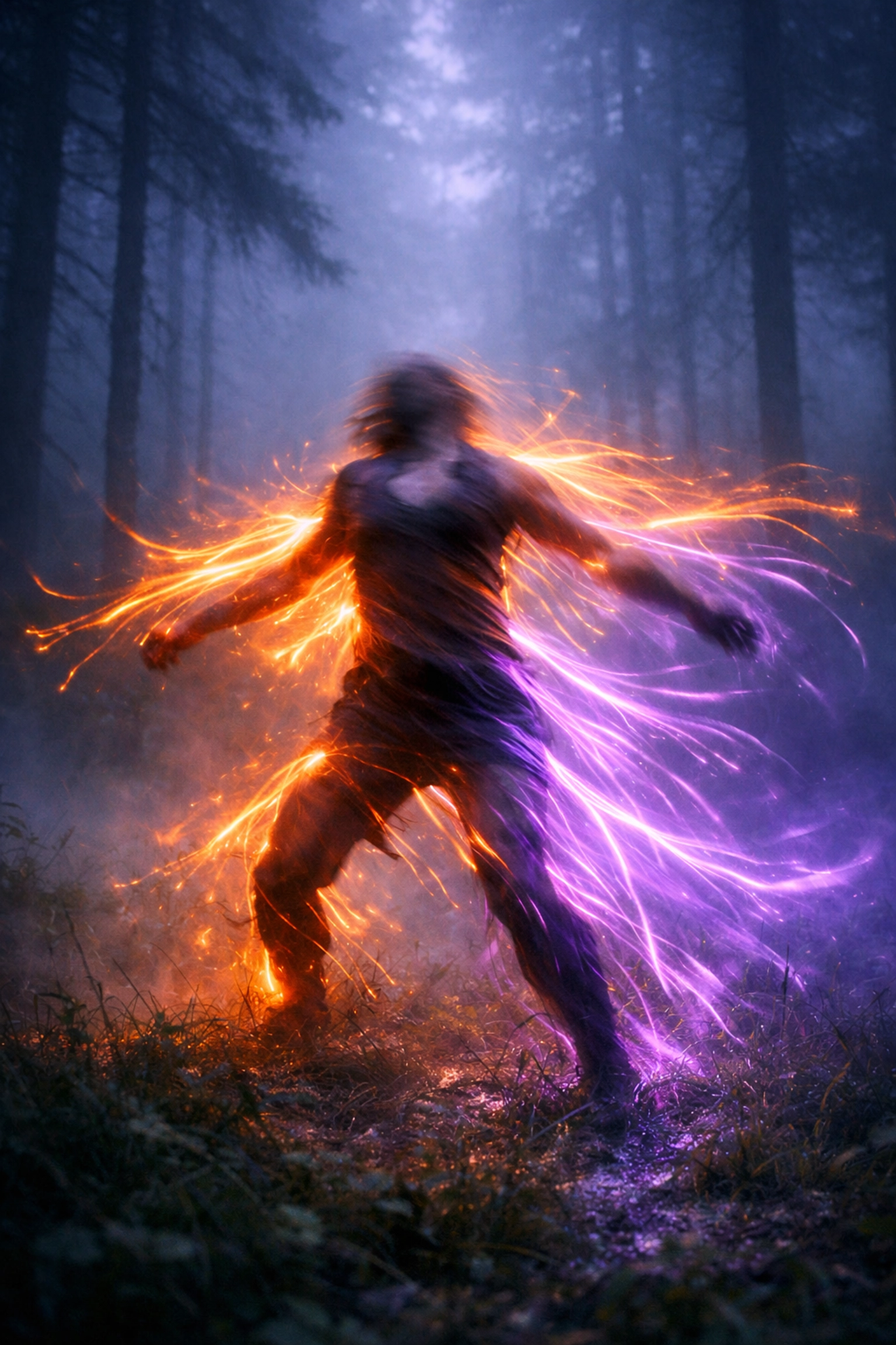 A person performing somatic discharge in a forest to release stored trauma and regulate the nervous system.