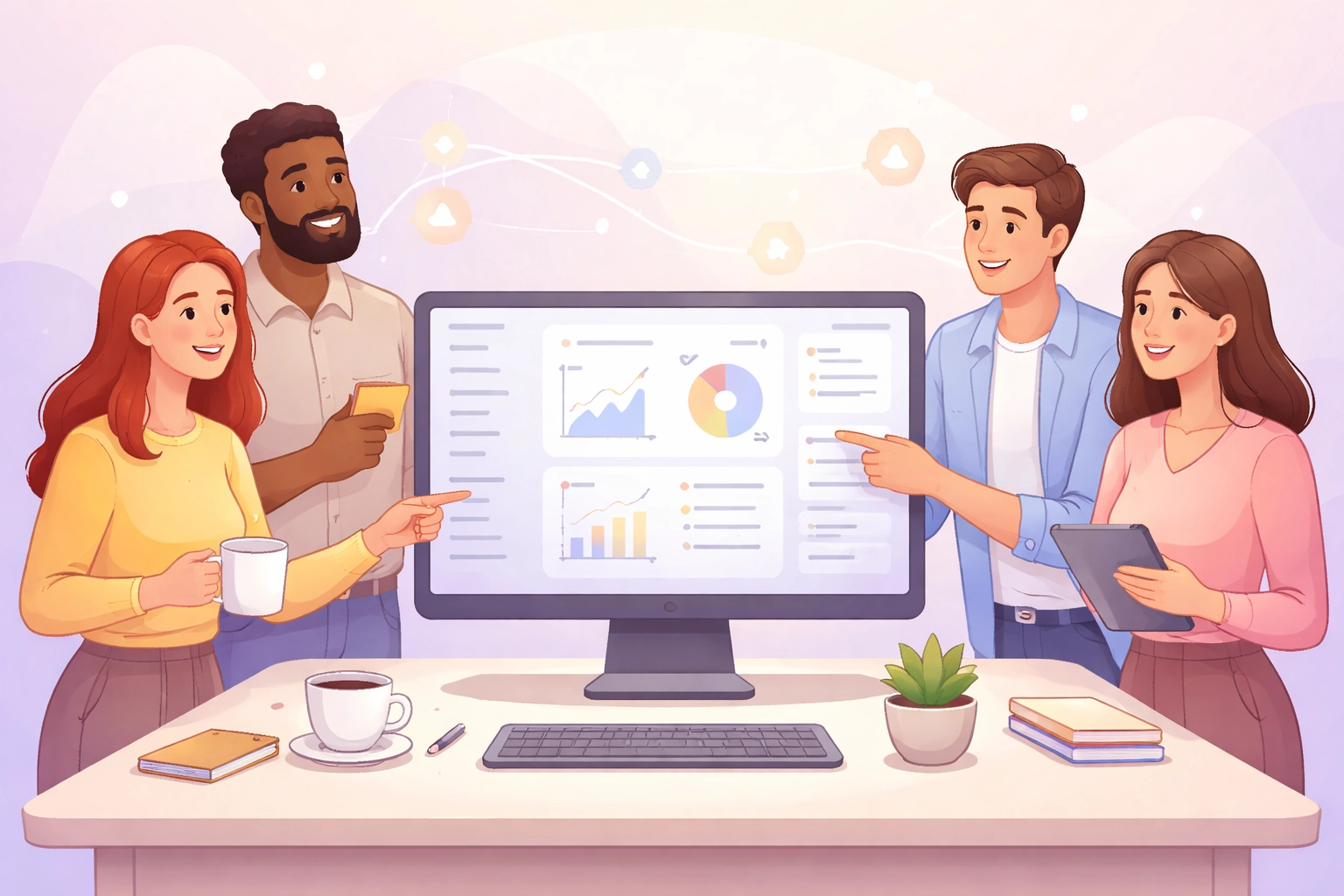 Team members smiling and discussing a unified dashboard in a modern office, highlighting the simplicity of an all-in-one business platform.